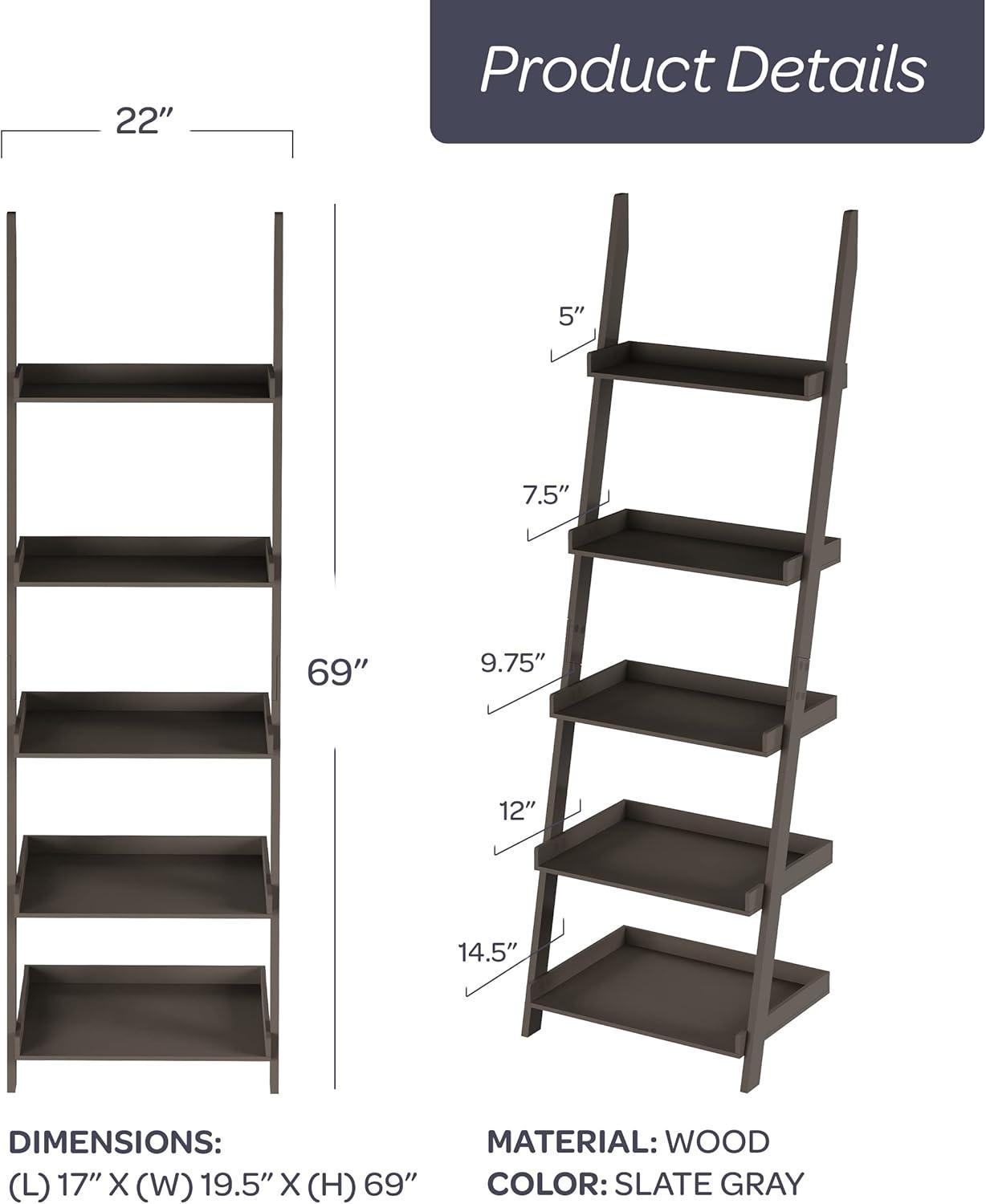 Ladder Bookshelf- 5 Tier Leaning Decorative Shelves for Display-Slate Gray Shelf Stand-Living Room Bathroom & Kitchen Shelving by Lavish Home