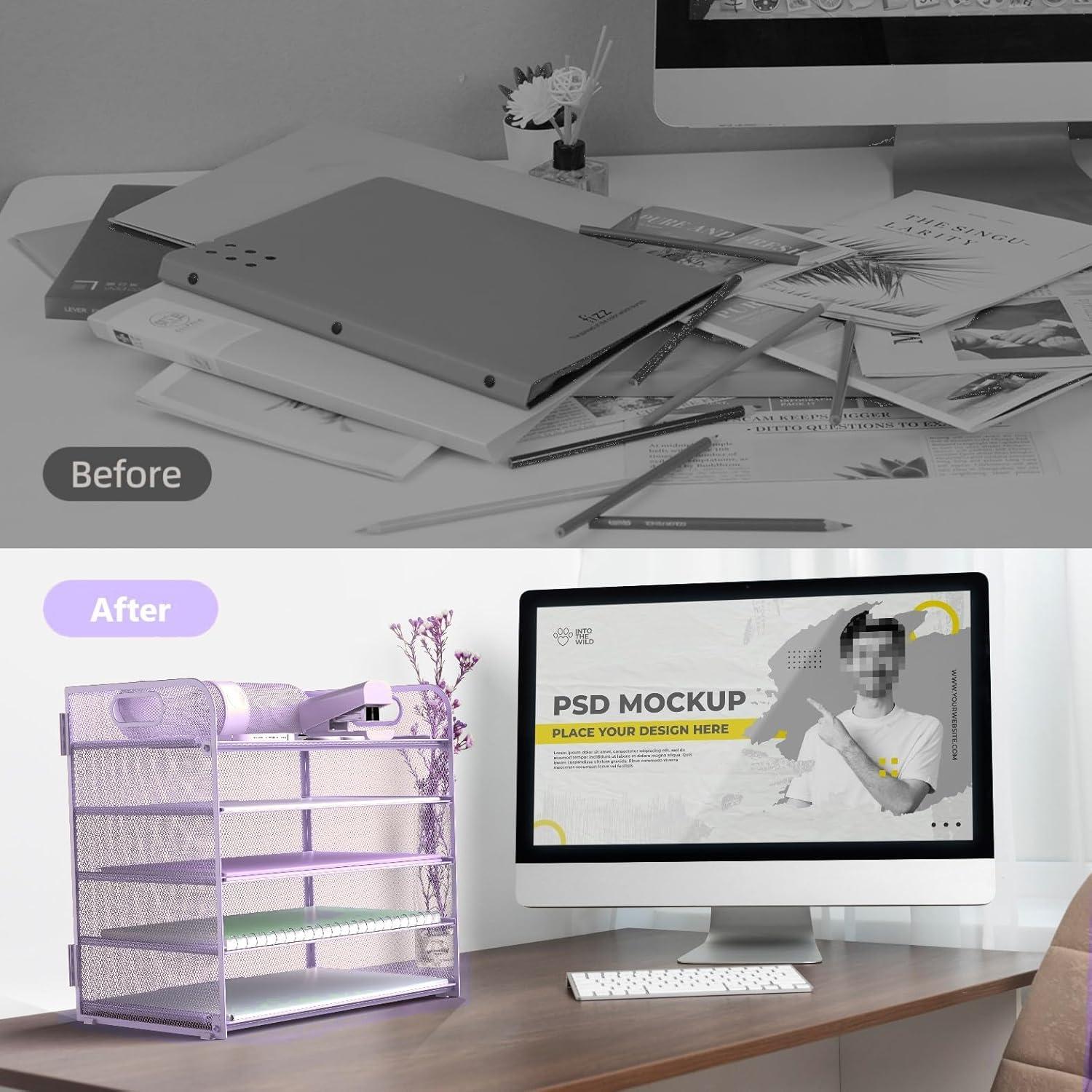 Marbrasse Paper Organizer Letter Tray, 5 Tier Mesh File Organizer with Handle, Paper Sorter Desk Organizer for Home Office Supplies - Purple