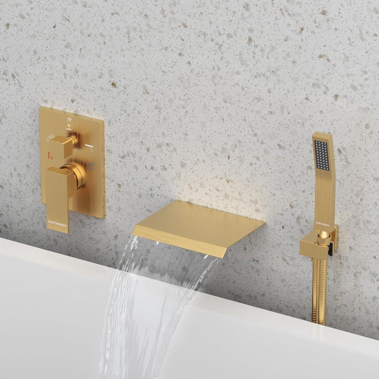 AWZTOO Wall Mounted Tub Faucet With Hand Shower Waterfall Bathtub Faucets Single Handle Tub Filler Set Brushed Gold Brushed, Gold Finish