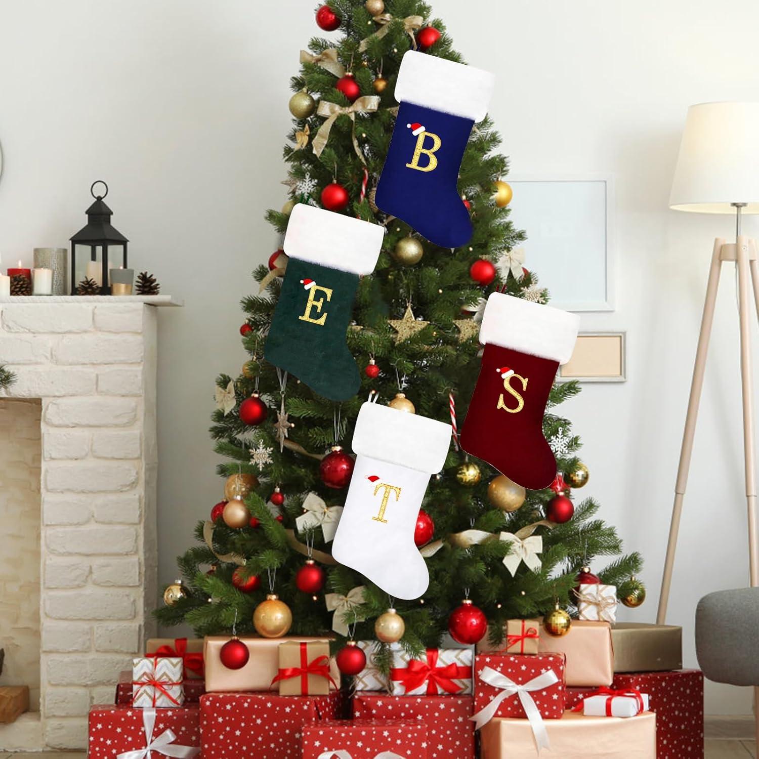 20 Inches Monogram Christmas Stockings White Velvet with White Super Soft Plush Cuff Embroidered Xmas Stockings Classic Personalized Stocking Decorations for Family Holiday Season Decor(R)