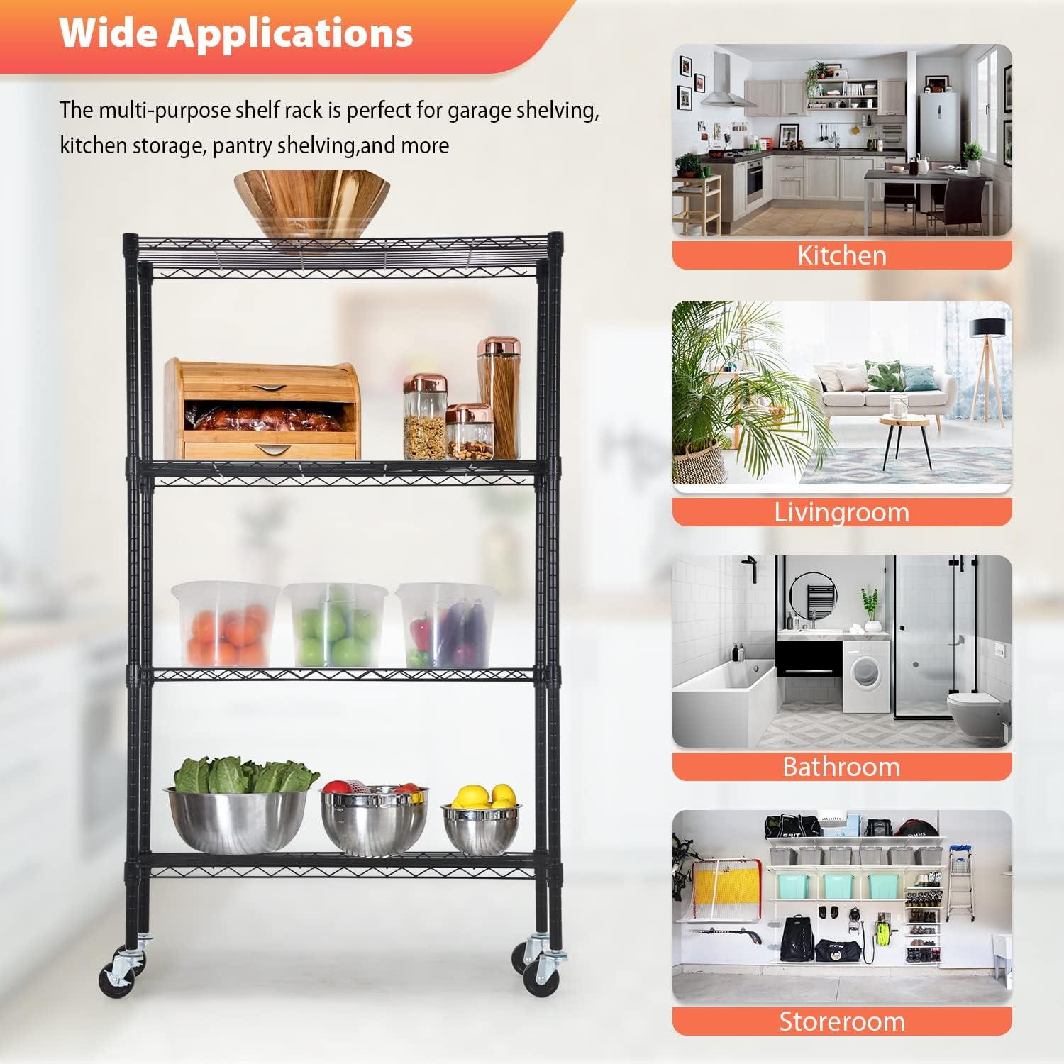Killeryuki Chrome Storage Shelves, 4-Tier Wire Shelving with Wheels Adjustable Storage Shelves 500lbs Capacity Metal Shelf 36L x 14W x 62H for Office Garage Kitchen Basement Bedroom