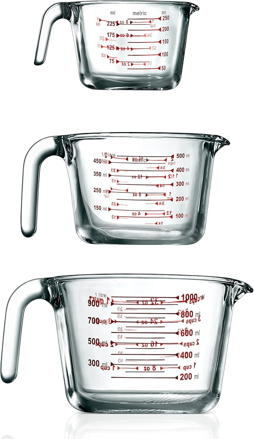 NutriChef 3-Piece Clear Glass Measuring Cup Set with Handles