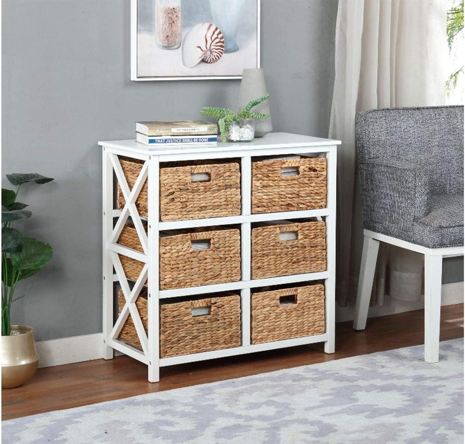 eHemco 3 Tier X-Side Storage Drawers with 6 Wicker Baskets, White