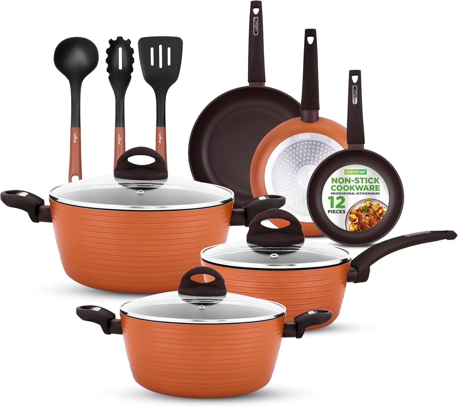 NutriChef 12 Piece Kitchenware Pots & Pans Set - Heat Resistant Lacquer Outside (Brown)