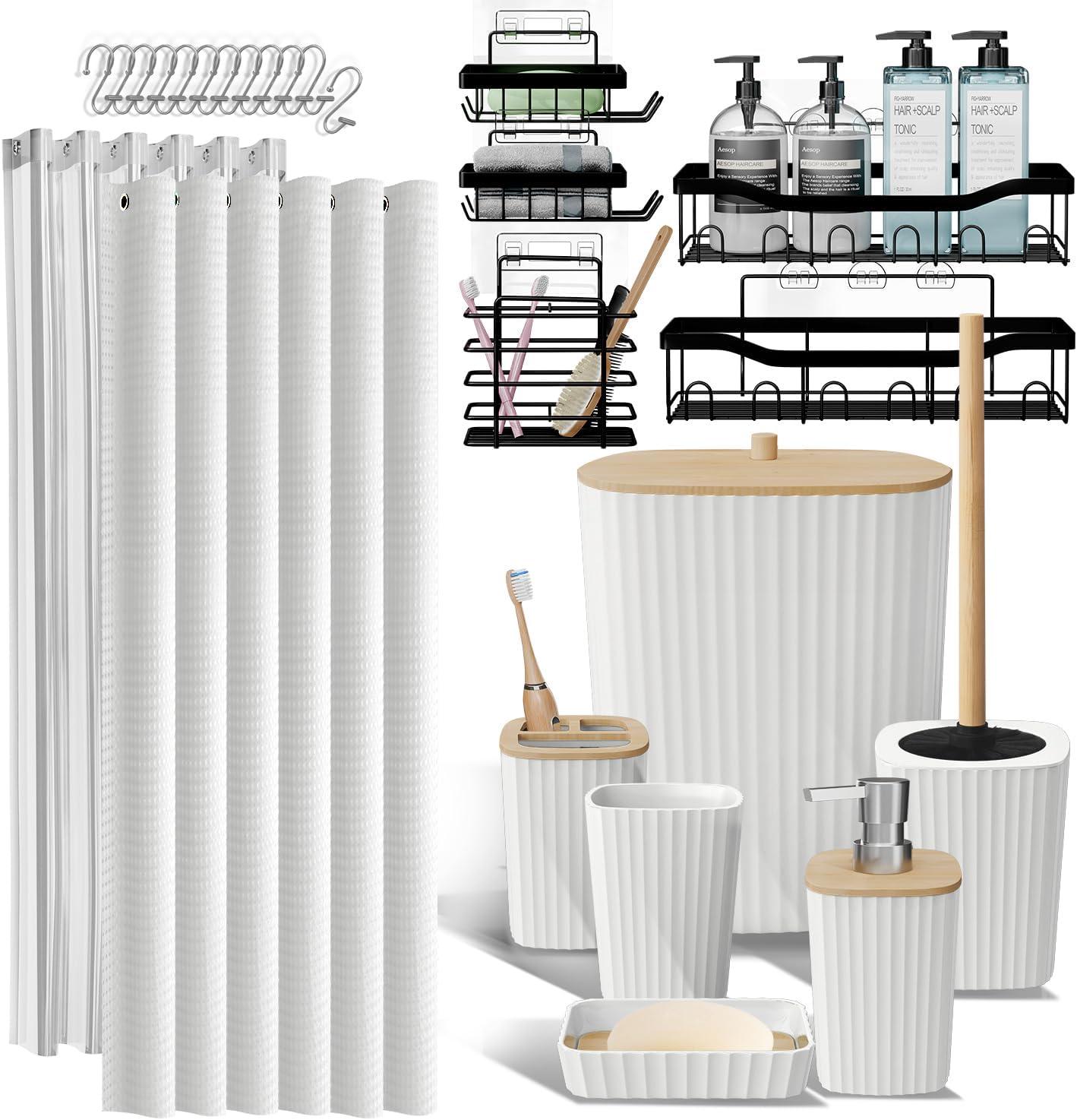 Shower Caddy and Bathroom Accessories Set - 25PC White Bathroom Accessory Set with Black Shower Shelf Caddy Set