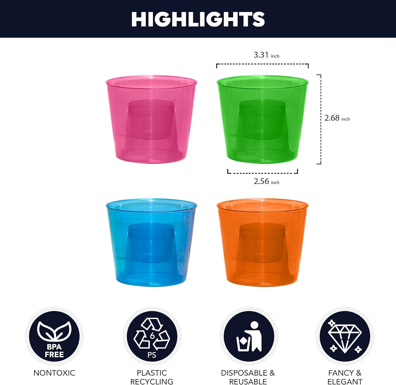 Assorted Neon Reusable Plastic Bomber Cups, 12-Count