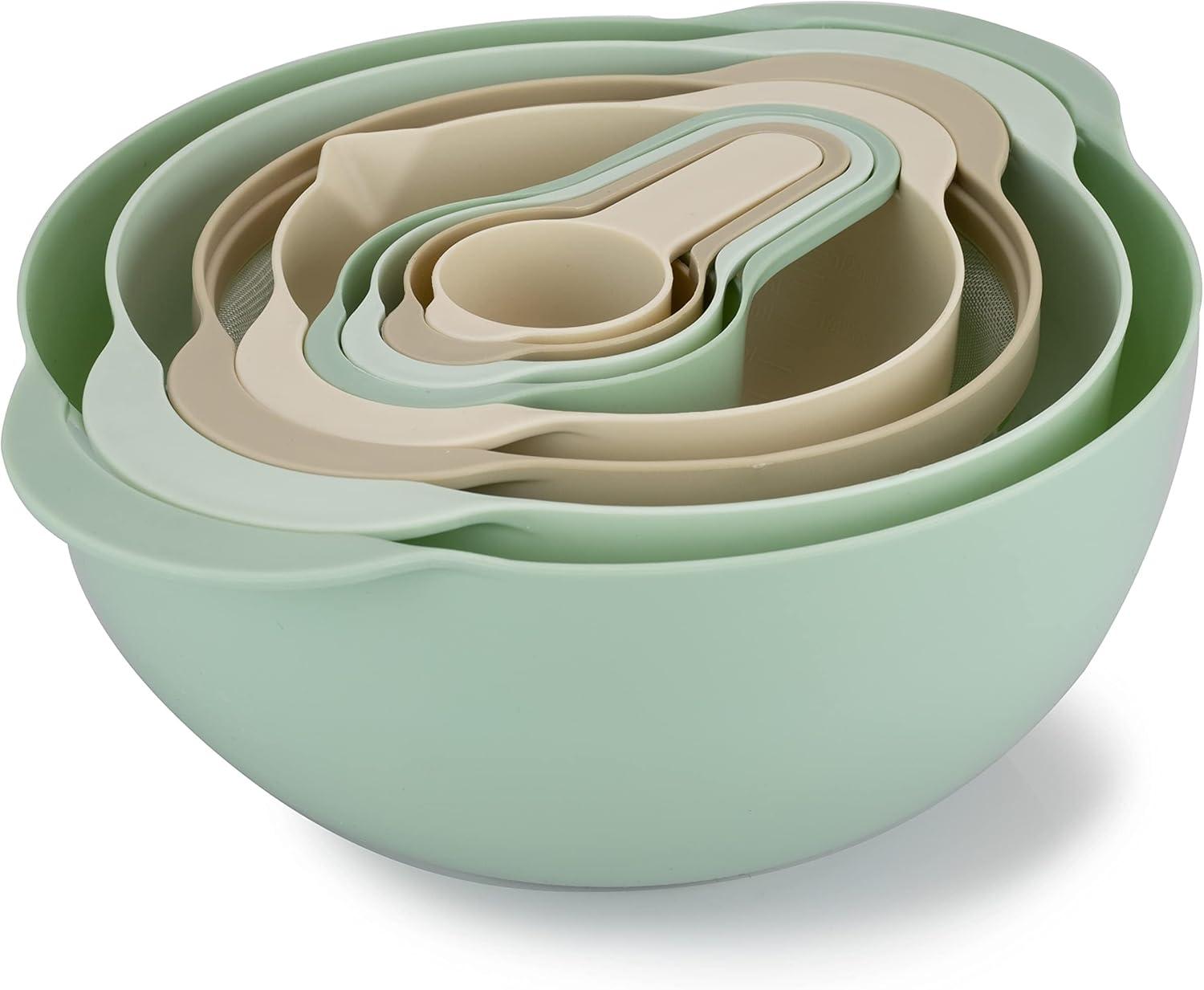 COOK WITH COLOR 8 Piece Nesting Bowls with Measuring Cups Colander and Sifter Set - Includes 2 Mixing Bowls, 1 Colander, 1 Sifter and 4 Measuring Cups, polypropylene, Mint Green