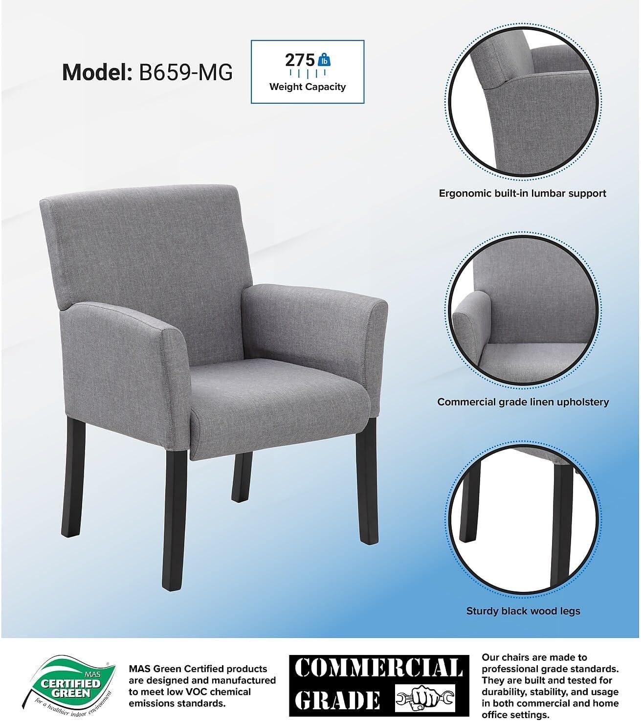 Box Arm Linen Guest Chair Gray - Boss Office Products: Ergonomic, Commercial Grade, Black Wood Legs, 275lb Capacity