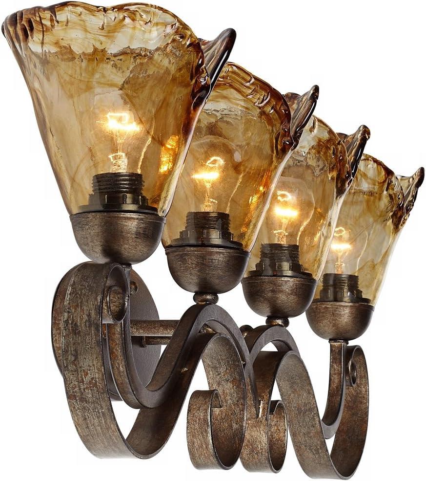 Franklin Iron Works Amber Scroll Rustic Wall Light Golden Bronze 29 1/2" Art Glass Fixture for Bedroom Bathroom Vanity Reading Living Room Hallway