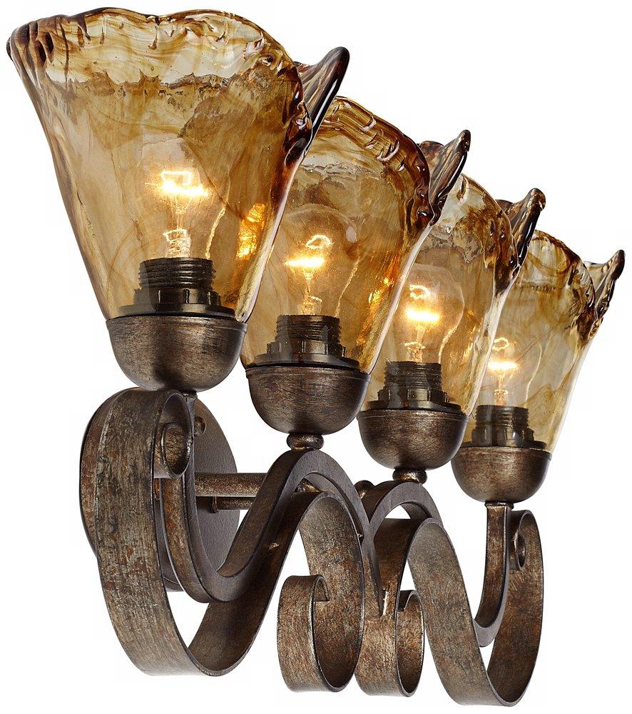 Franklin Iron Works Amber Scroll Rustic Wall Light Golden Bronze 29 1/2" Art Glass Fixture for Bedroom Bathroom Vanity Reading Living Room Hallway