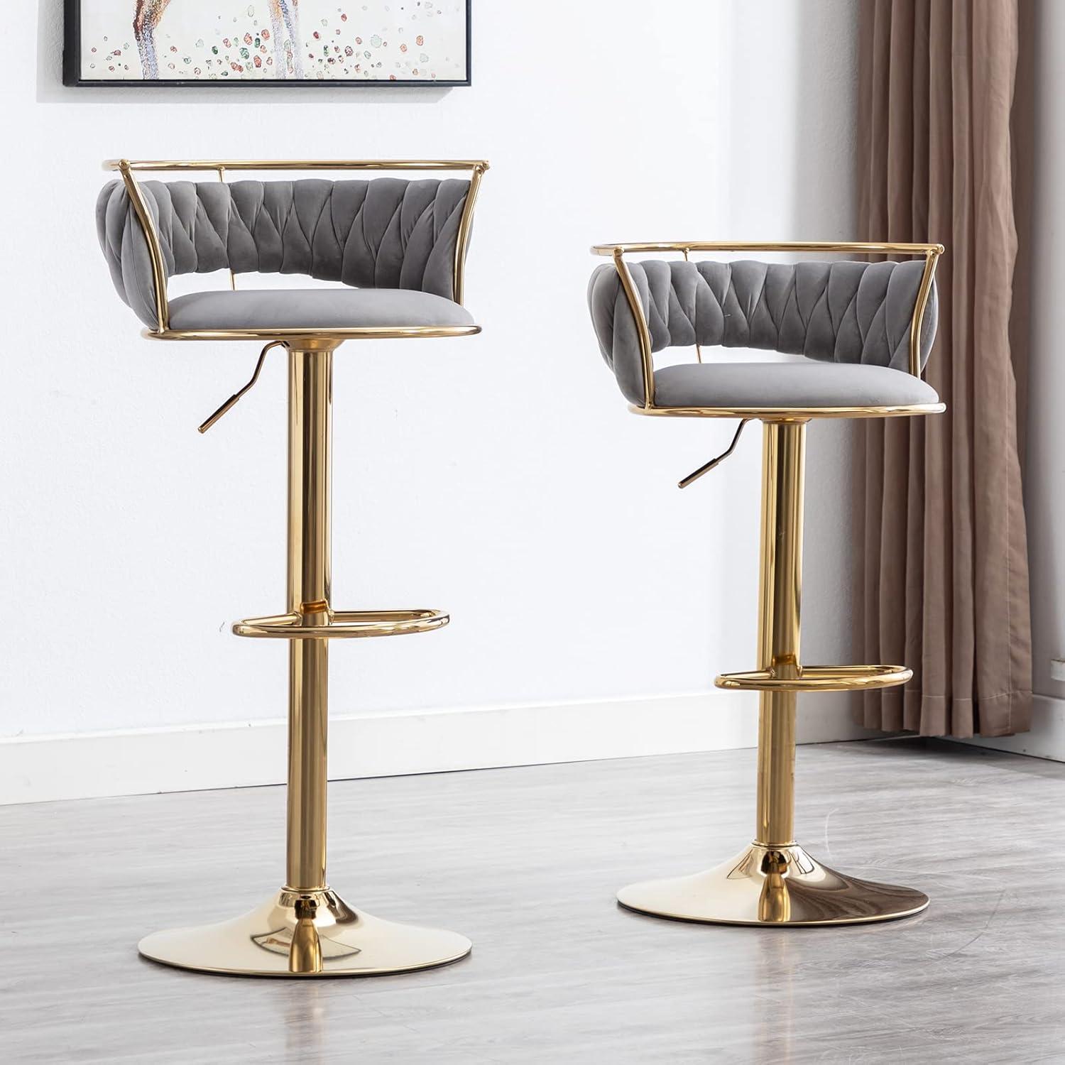 Velvet Bar Stools Set of 2, Counter Height Bar Stools with Low Back, Gold Swivel Barstools for Kitchen Island, Bar Pub (Grey)