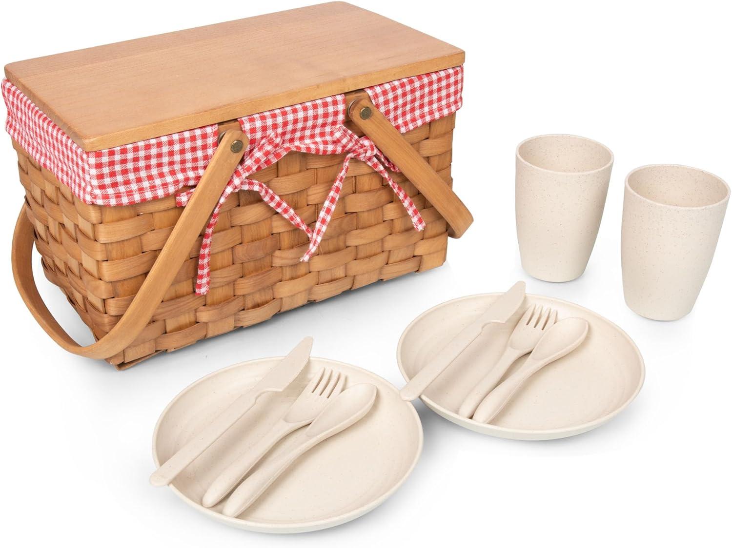 Natural Wicker Picnic Basket with Red Gingham Liner and Bamboo Serveware