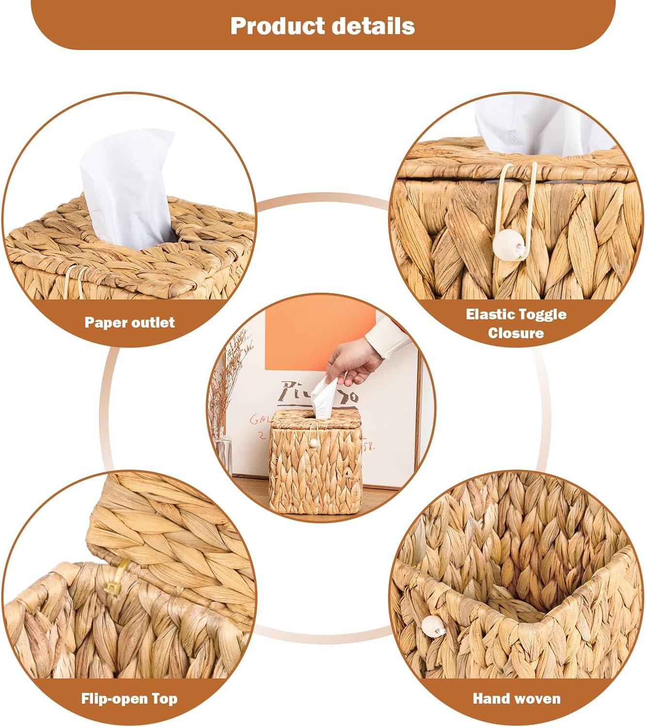 PINXIURY Water Hyacinth Handwoven Tissue Box Cover, Natural Handmade Wicker Napkin Box Holder, Handcrafted Square Facial Tissue, Rustic Decorative on Table and Bathroom, Office, Boho Decorative