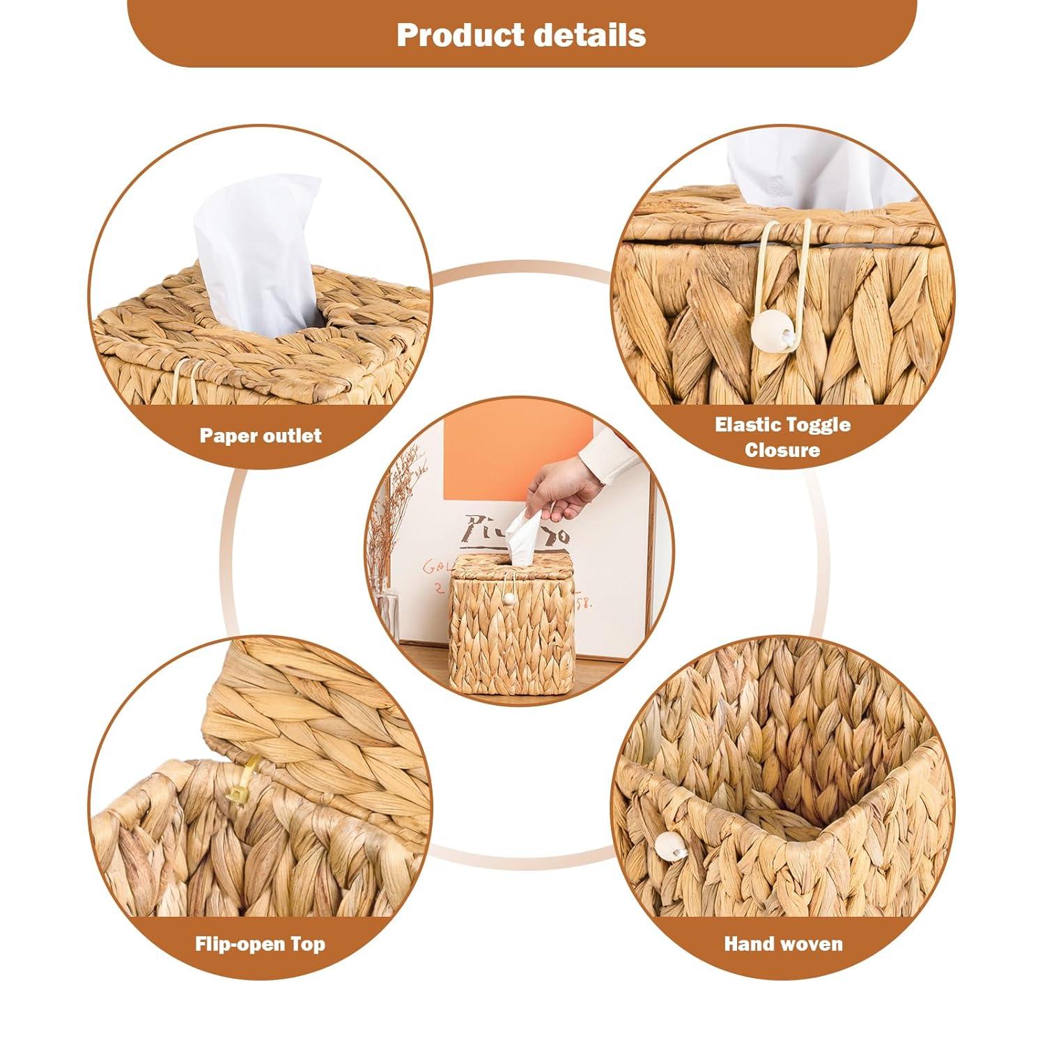 PINXIURY Water Hyacinth Handwoven Tissue Box Cover, Natural Handmade Wicker Napkin Box Holder, Handcrafted Square Facial Tissue, Rustic Decorative on Table and Bathroom, Office, Boho Decorative