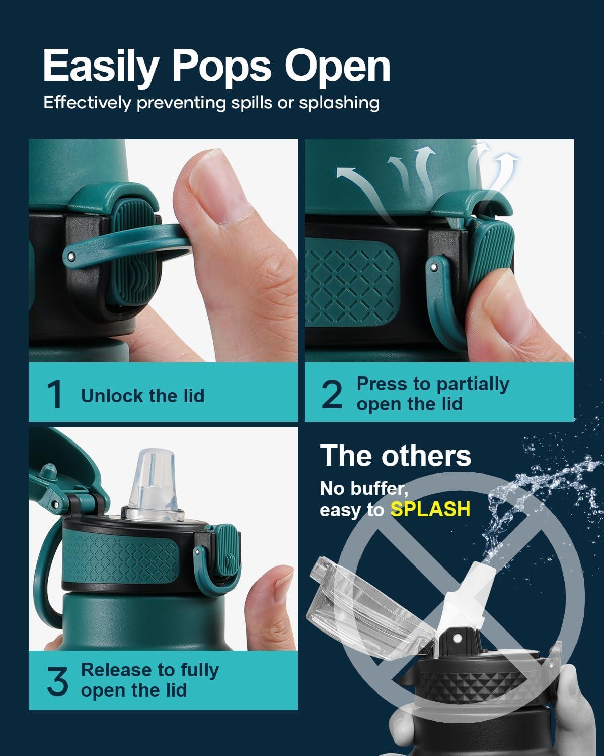 Buzio 32 oz Insulated with Straw & Brush Vaccum Stainless Steel Metal 3 Lids Water Flask for Sports, Gym or Office Keep Cold 48H Hot 24H，Pacific Prince