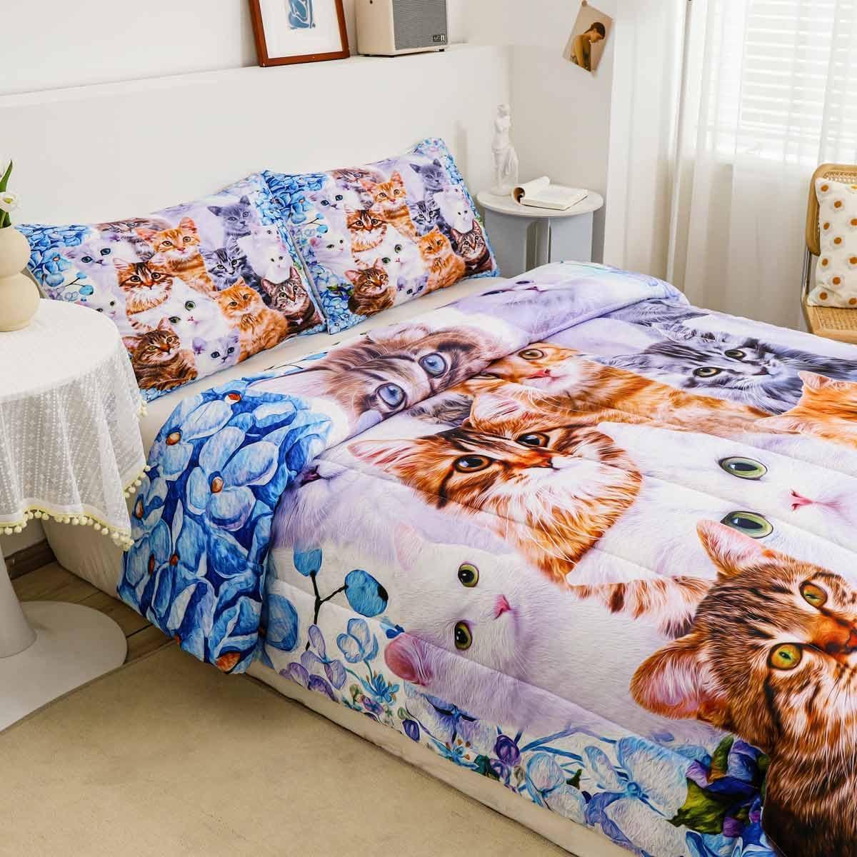 Kids Cute Cat Bedding Set Cartoon Pet Cats Bed Sheets for Children Boys Girls Cute Kitten Print Bed Sheet Set Cat Lover's Animal Themed Design Fitted Sheet Bedroom Collection 3Pcs Queen Size