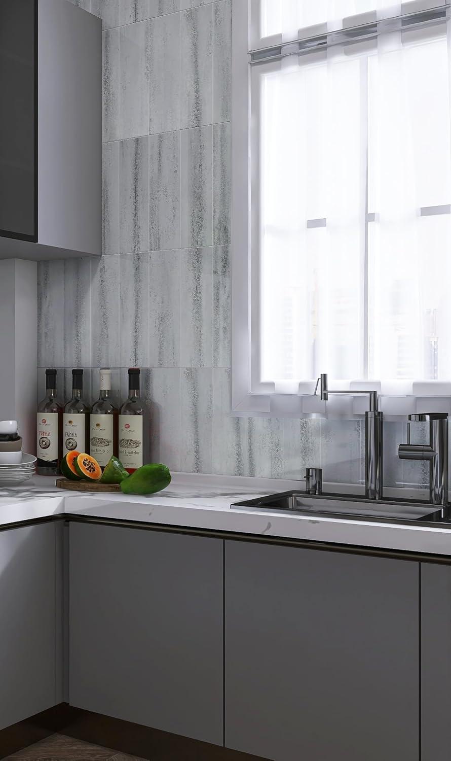 Avant Decor | 24 Stone Composite Subway Texture Tiles | Peel and Stick Kitchen Backsplash | 4" x 12" | Bex Metro Glossy Alpine | 8 sqft