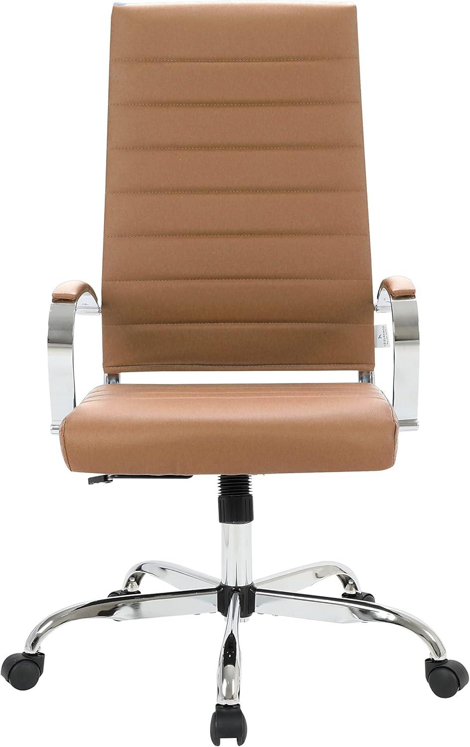 Elegant High-Back Swivel Office Chair in Luxurious Brown Leather