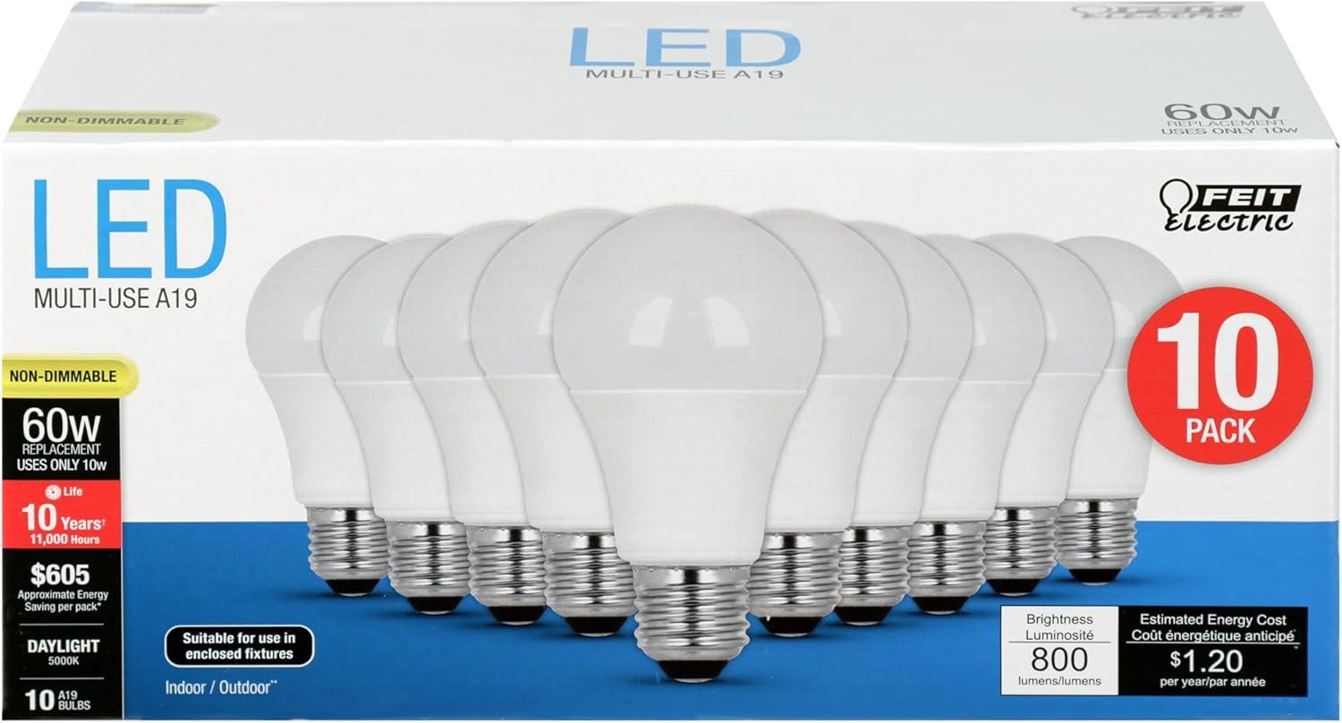 Feit Electric A19 E26 (Medium) LED Bulb Daylight 60 Watt Equivalence 10 pk