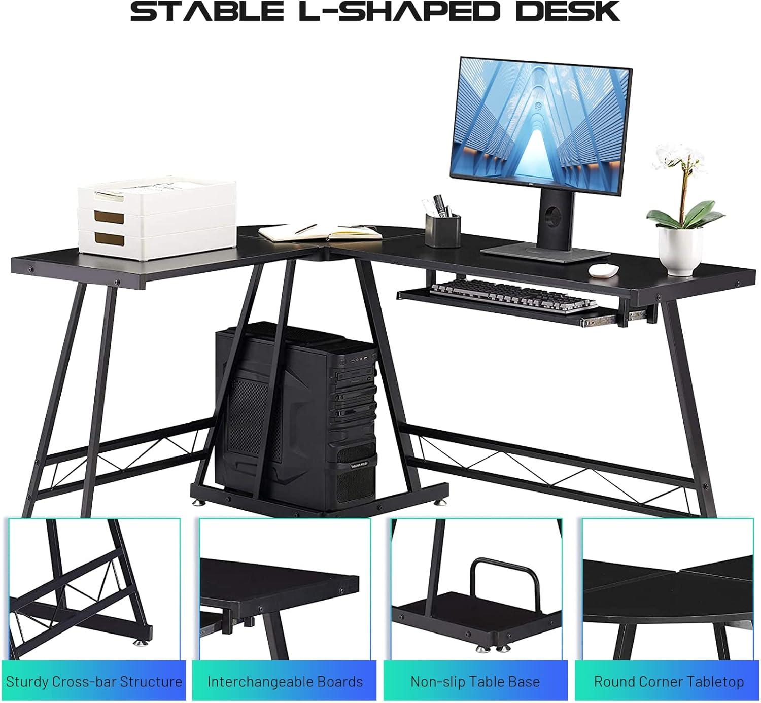 Jet Black L-Shaped Gaming Desk with Keyboard Tray and Drawer