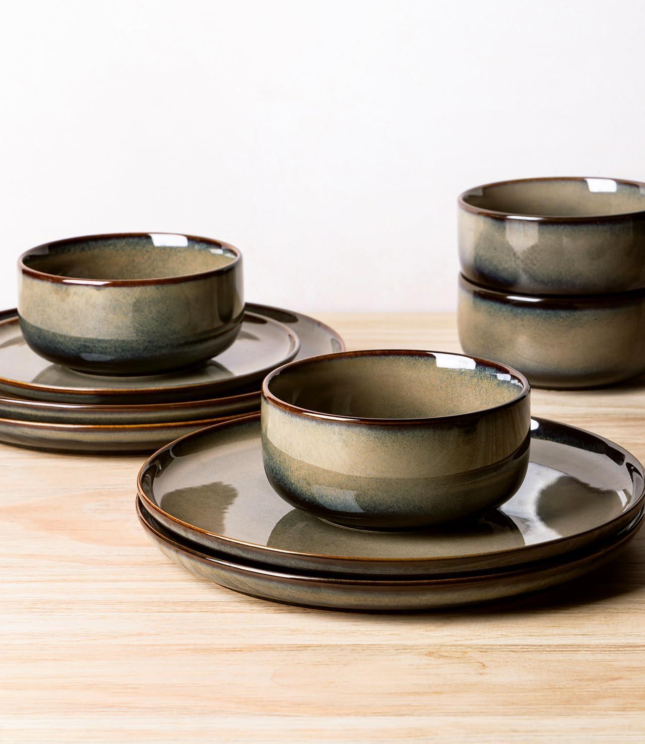 One Allium Way® 12-Piece Reactive Glaze Plate and Bowl Set, 4-Person Dinnerware Set, Scratch Resistant Dinnerware Set