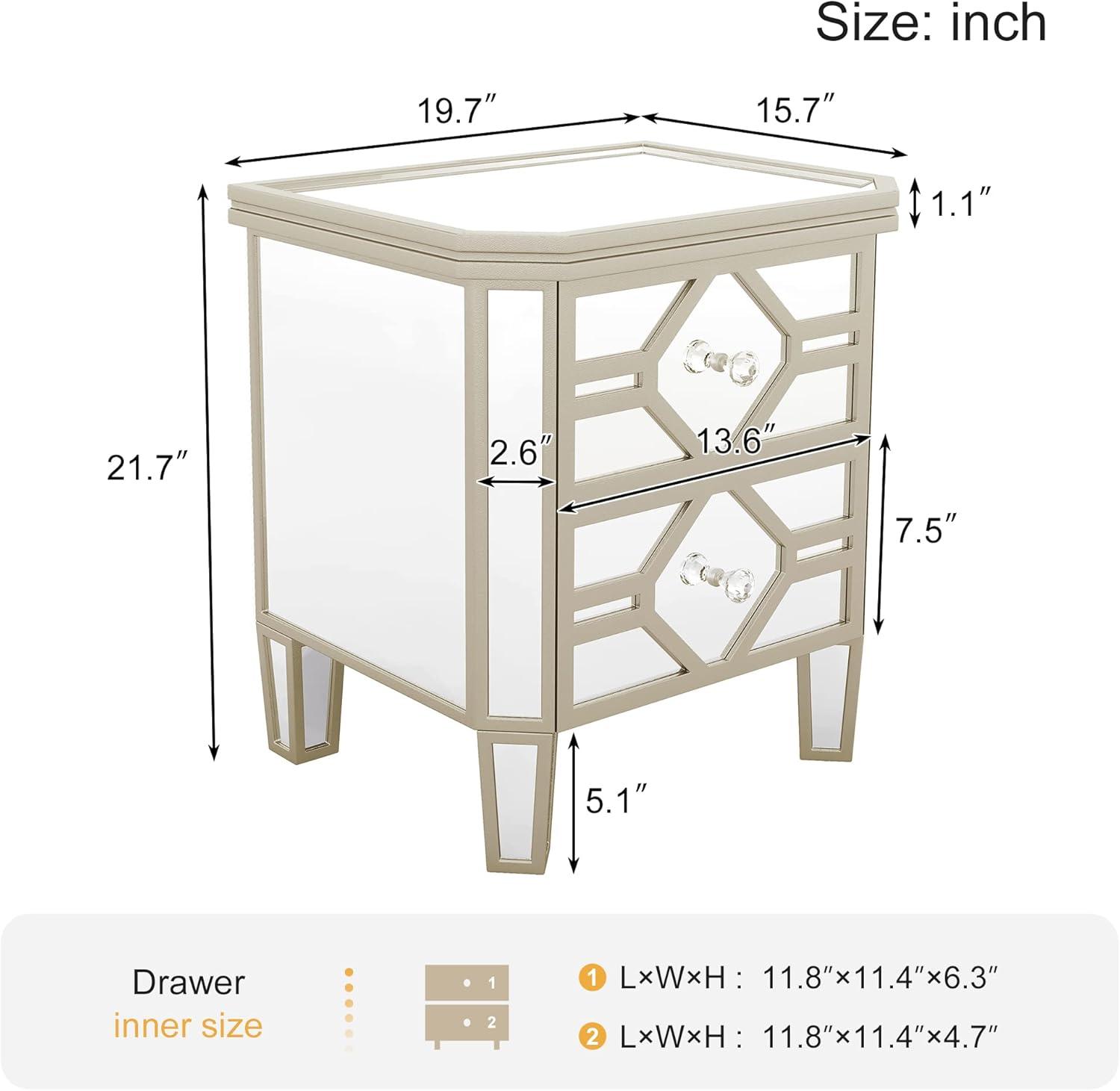 Elegant Silver Mirrored 2-Drawer Nightstand with Golden Accents