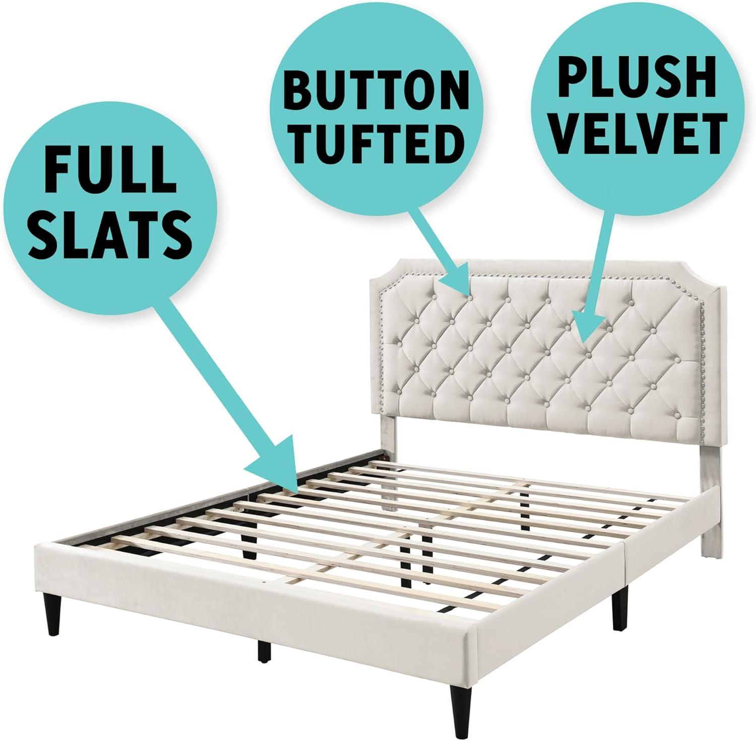 Urban Home Furniture Ava Plush Velvet Tufted Buttoned Upholstered Headboard Clipped Edge Nailhead Decorated Platform Bed Frame with Wood Slats Support Legs Full - Beige