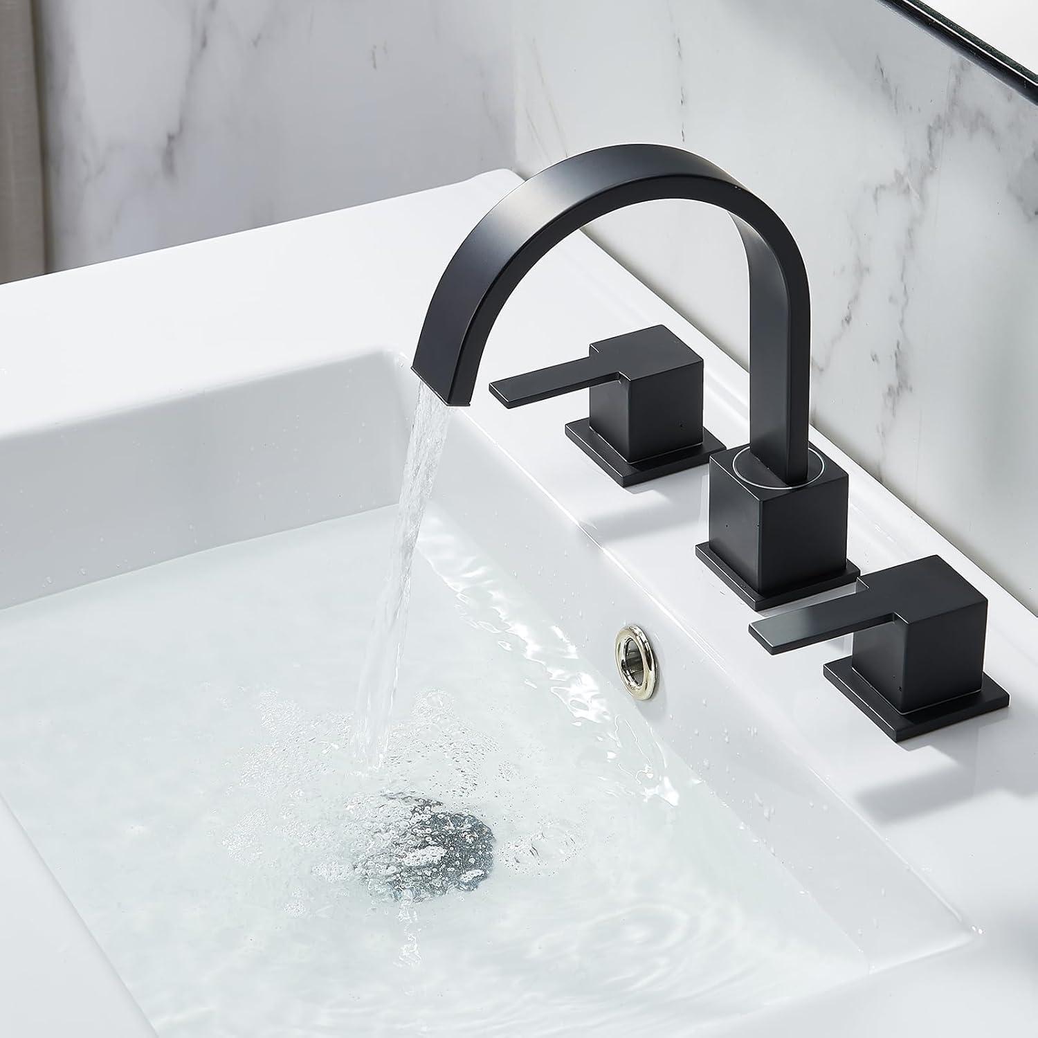 VAPSINT Black Bathroom Faucet 3 Hole, 8 Inch Widespread Matte Black Waterfall Bathroom Sink Faucet, 2 Handle Lavatory Vanity Faucet for Bathroom Sink with Pop Up Drain & Supply Hoses