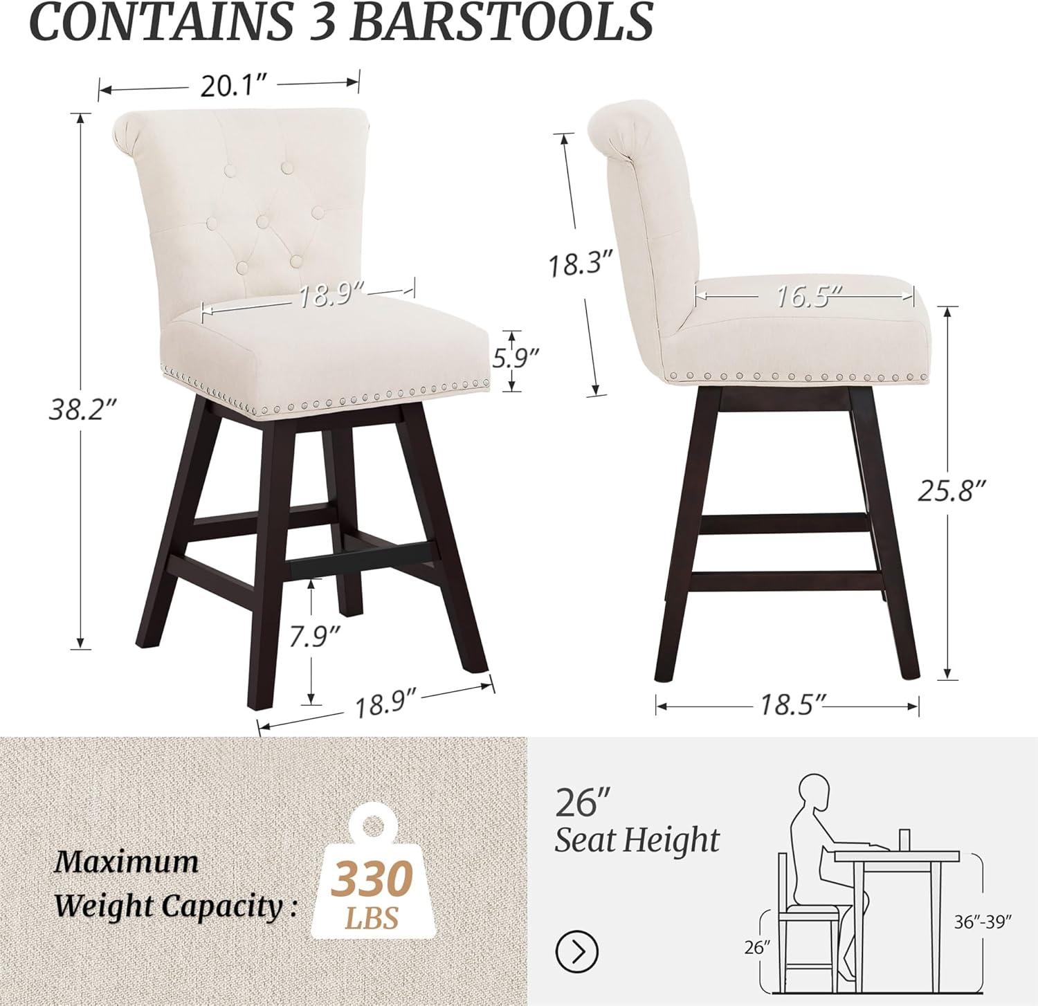 Beige Linen Swivel Counter Height Bar Stools with Wood Legs