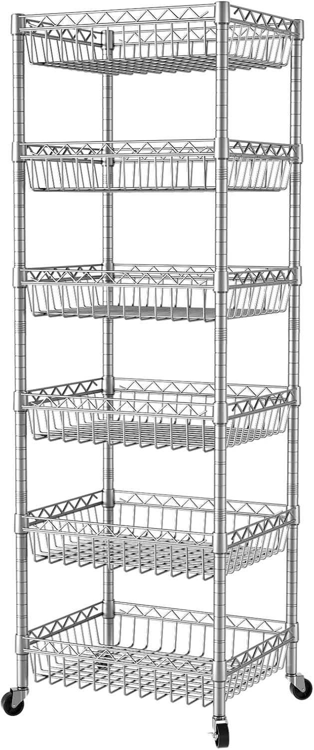 SINGAYE 6 Tier Shelf Adjustable Storage Shelves Rack Standing Units with Wheels Closet Wire Shelving Organizers Metal Pantry Kitchen Laundry Room 13.5" D x 13.5" W x 63" H Silver