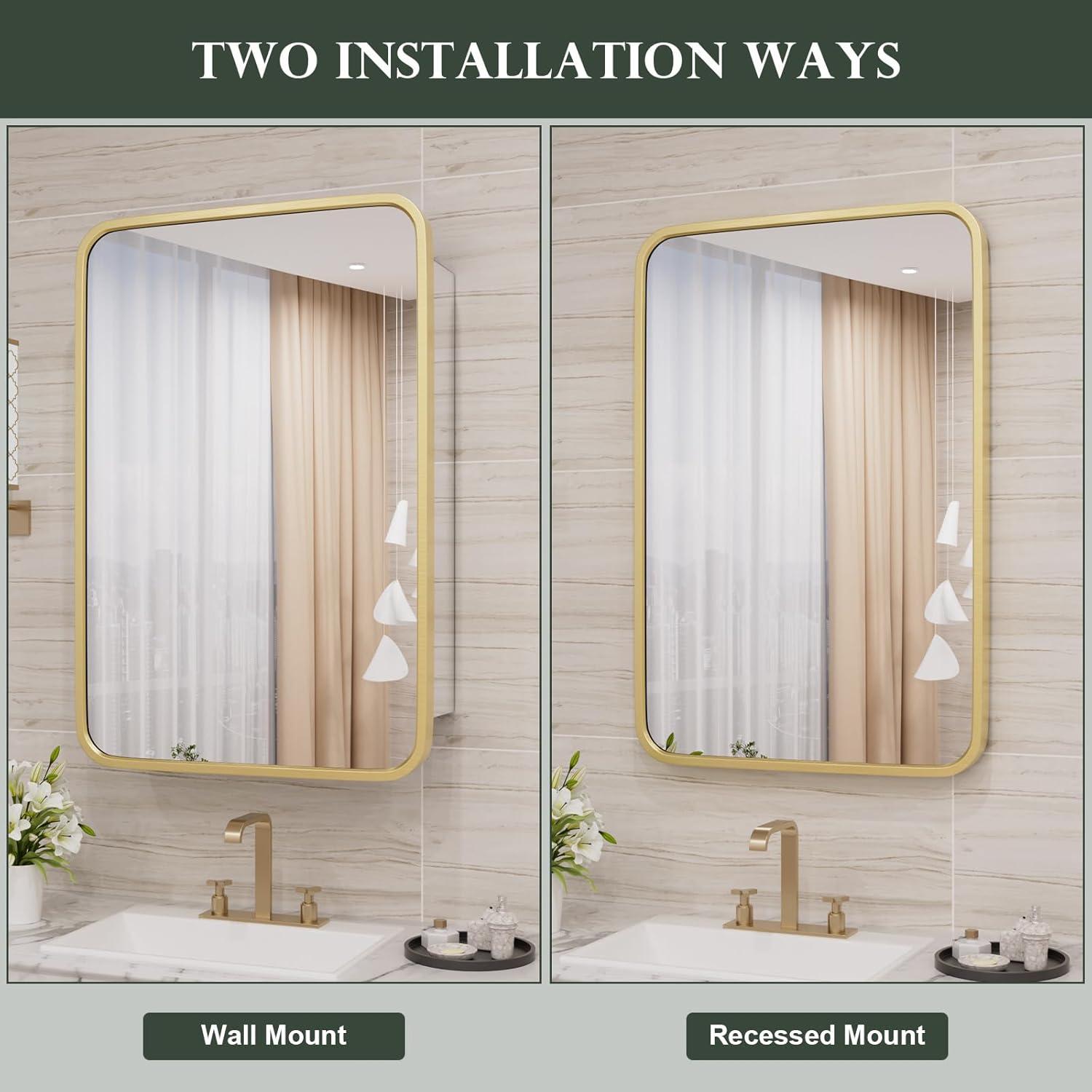 Bathroom Medicine Cabinet With Mirror, 16X24 Inch Gold Recessed Medicine Cabinet With Round Corner Aluminum Alloy Metal Framed, Single Door Modern Medicine Cabinet With Storage