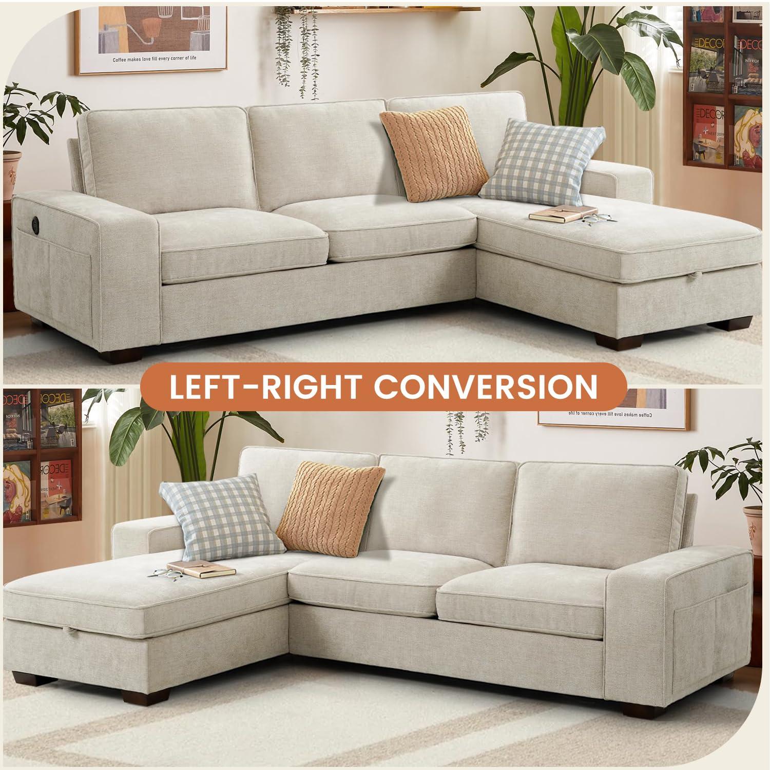 Latitude Run® ASHOMELI 99“ Convertible Sectional Sofa,L Shaped Couch,Multi-Functional Reversible Sofa With USB And Type-C Charging Ports, Storage Space, Breathable Fabric (Beige)