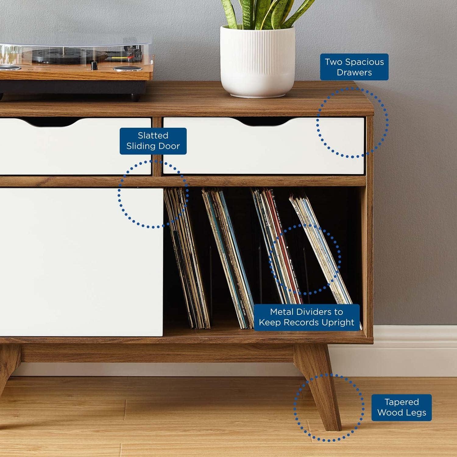 Envision 37" Walnut White Mid-Century Modern Vinyl Record Stand with Drawers