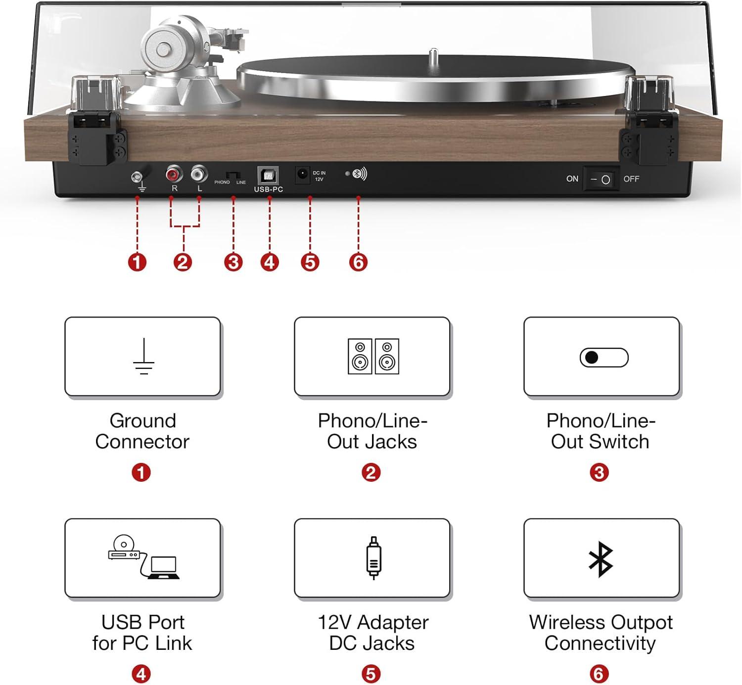 Turntables Record Player with Wireless Output Connectivity Vinyl Player Belt-Drive Support 33 45 RPM Speed Phono Line USB Digital to PC Recording with Advanced MM Cartridge ATN3600L Light Brown