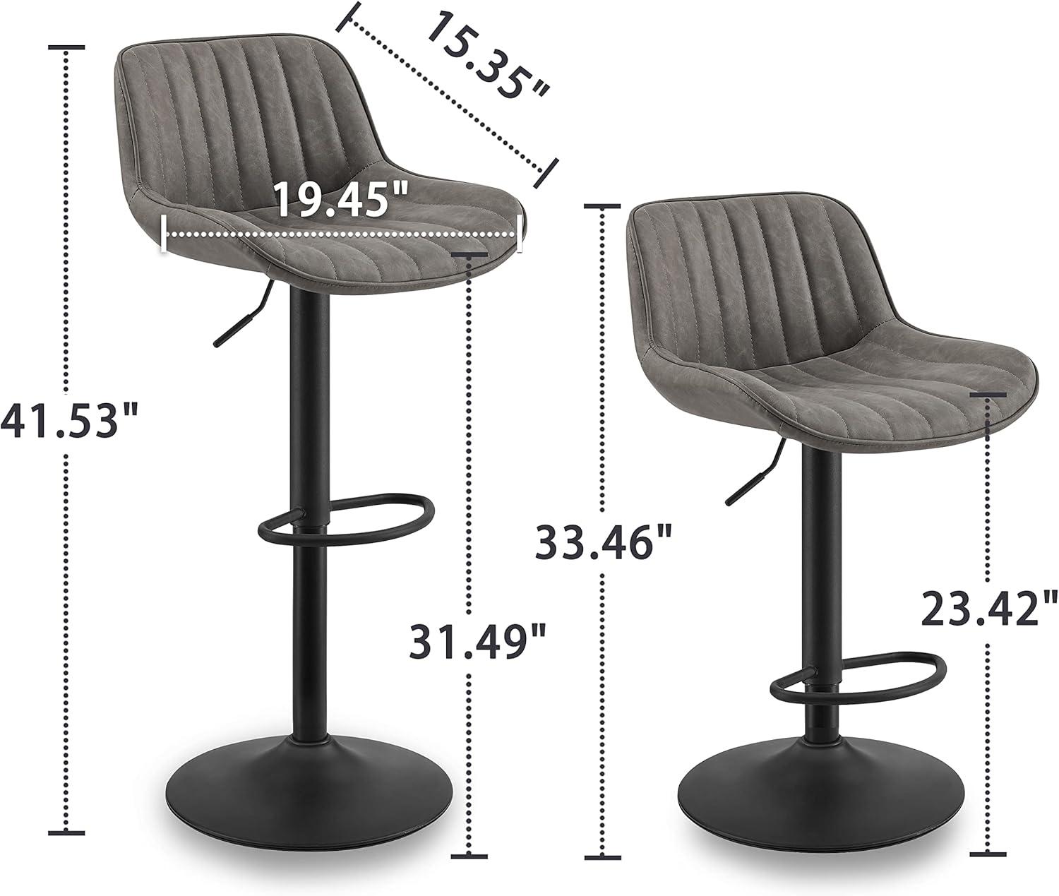 Art Leon Rustic Bar Stools Set of 2, Faux Leather with Backrest Chrome Legs, Upholstered Swivel Kitchen Stools, Gray
