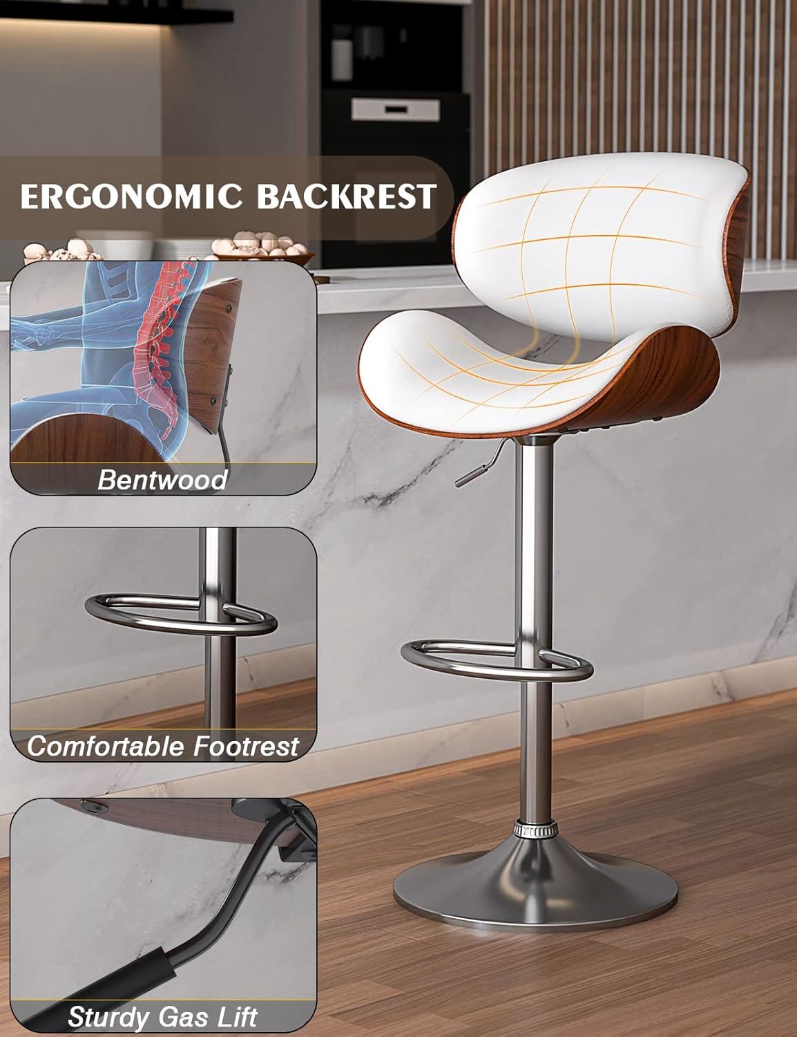 Bar Stools Set of 2, Bentwood Adjustable Height Swivel Bar Stools, PU Leather Upholstered Bar Chair with Back and Footrest for Bar, Kitchen, Dining Room, White