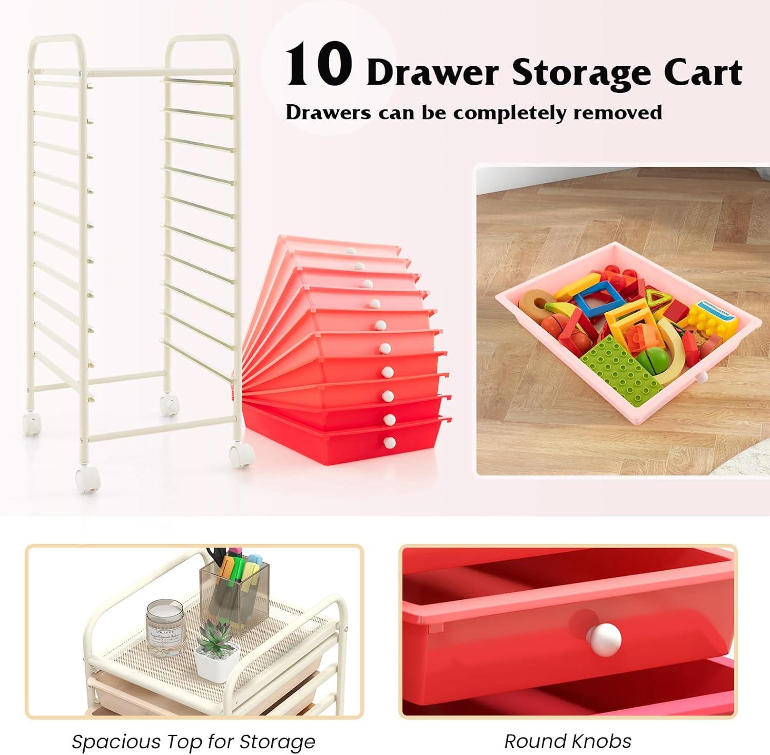 Giantex 10-Drawer Storage Cart w/Universal Wheel, Rolling Cart w/Handle, Home Organizer Storage Unit w/Removable Drawers, Trolley Utility Cart for Kitchen Makeup Living Room Office Play Room