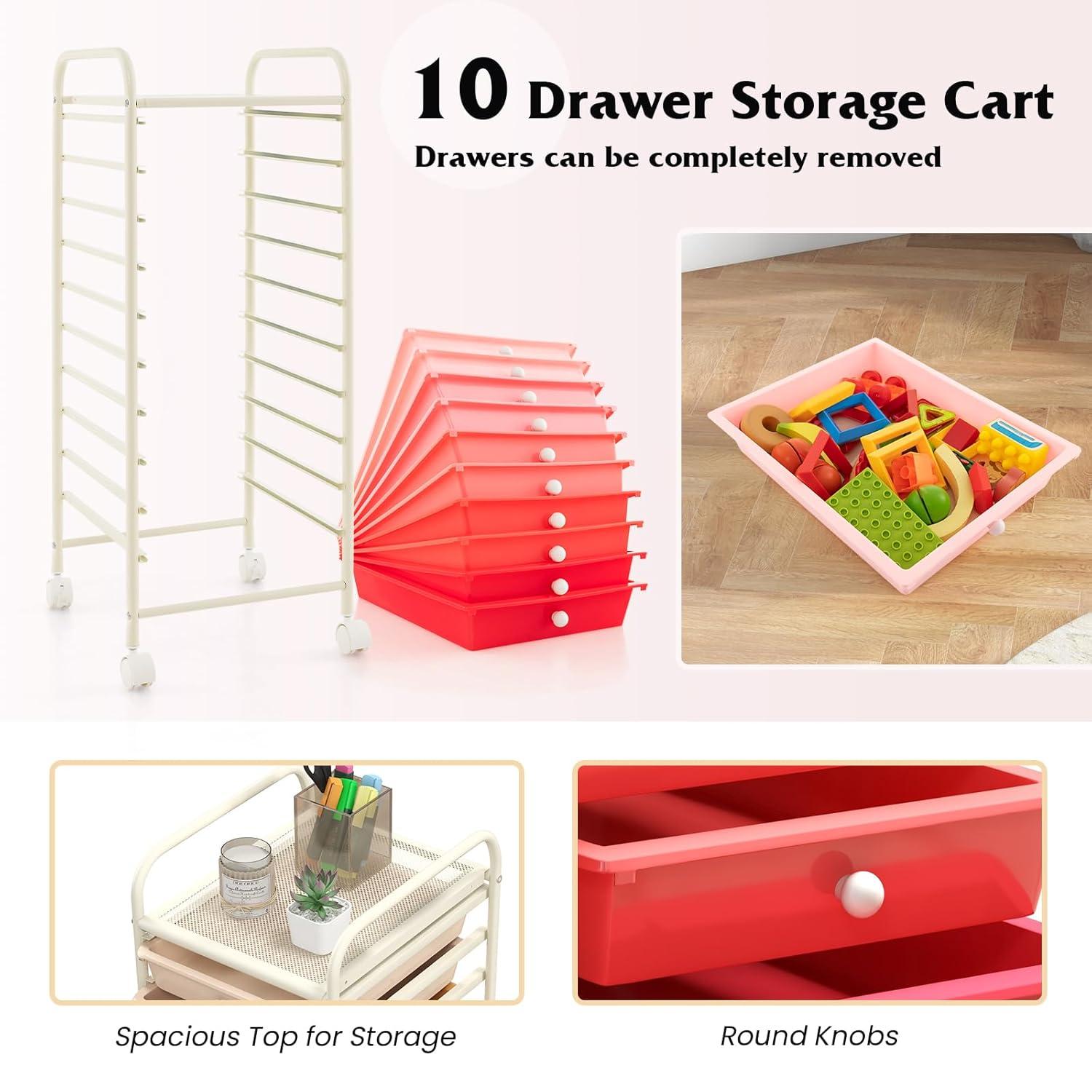 Giantex 10-Drawer Storage Cart w/Universal Wheel, Rolling Cart w/Handle, Home Organizer Storage Unit w/Removable Drawers, Trolley Utility Cart for Kitchen Makeup Living Room Office Play Room