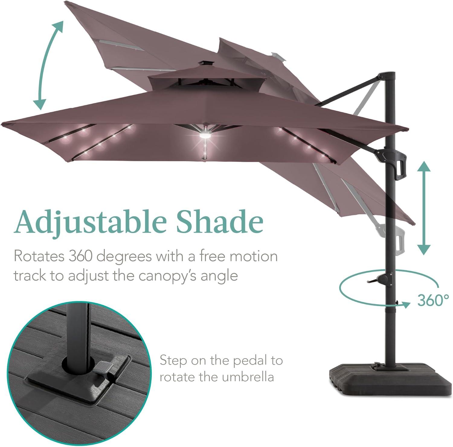 Best Choice Products 10x10ft 2-Tier Square Outdoor Solar LED Cantilever Patio Umbrella w/ Base Included- Deep Taupe