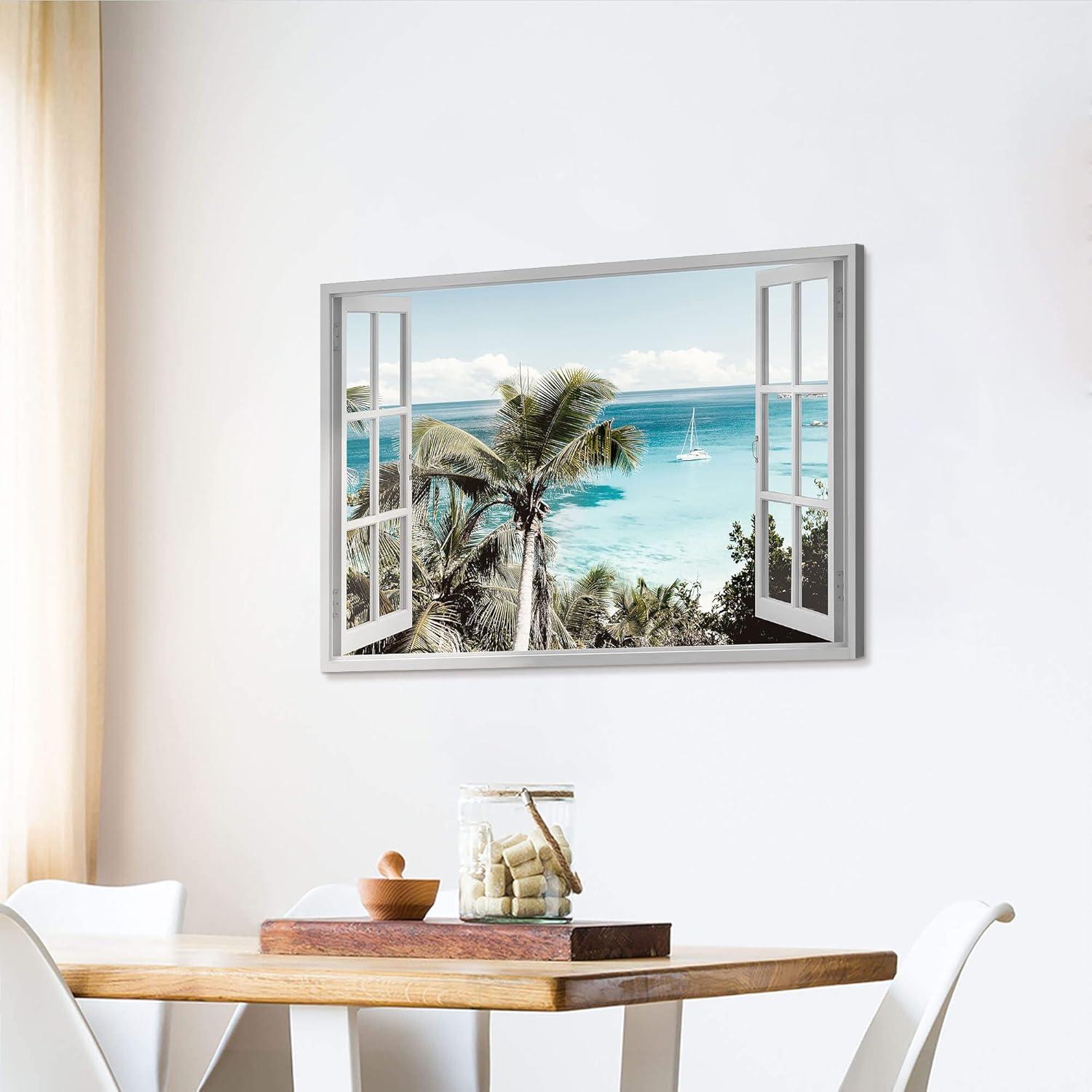 wall26 Canvas Print Wall Art Window View of Tropical Island Beach Paradise Nature Wilderness Photography Modern Art Rustic Scenic Colorful Ultra for Living Room, Bedroom, Office - 24"x36"