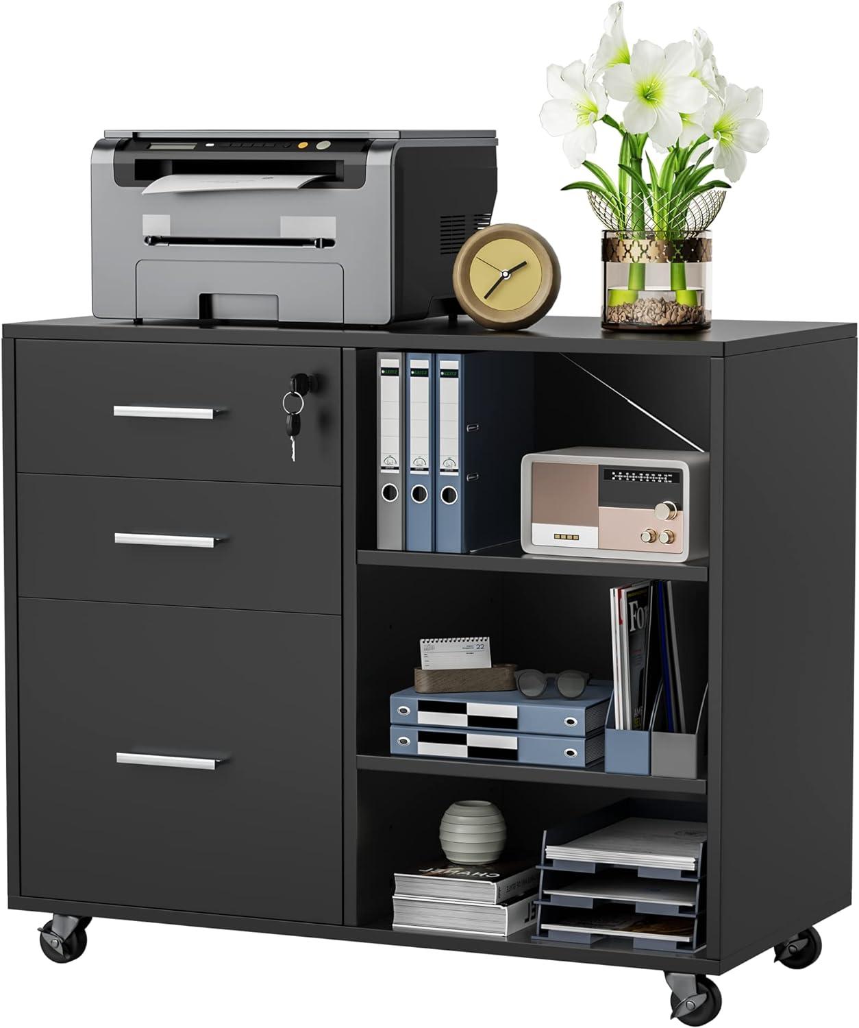 Black Wood Office Filing Cabinet with Adjustable Shelves and Lock