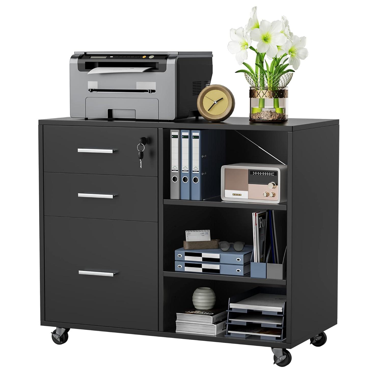 Black Wood Office Filing Cabinet with Adjustable Shelves and Lock