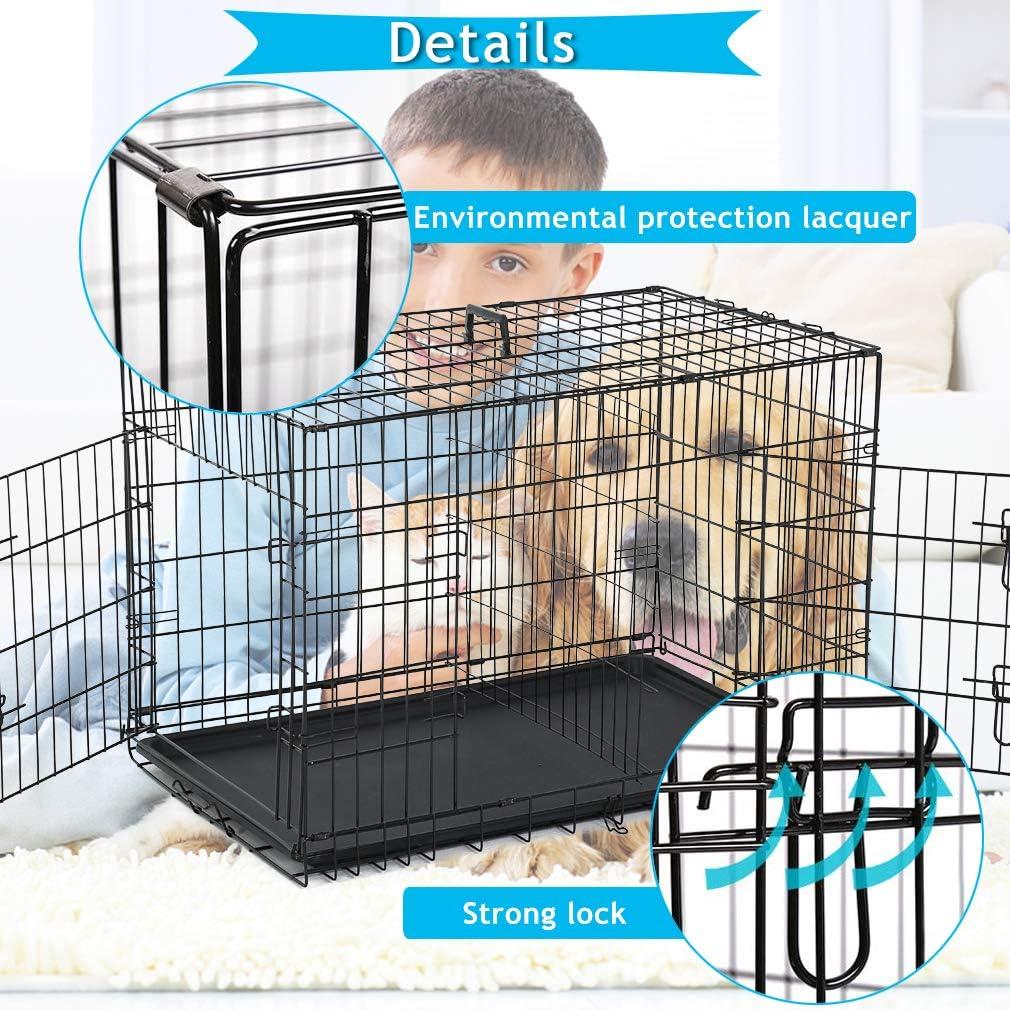 CL.HPAHKL Durable Large Dog Crate, Folding Metal Dog Kennel Double Door Dog Cage with Plastic Tray, Wire Crate for Large Dog Indoor Outdoor Travel (Black, 42 inch)