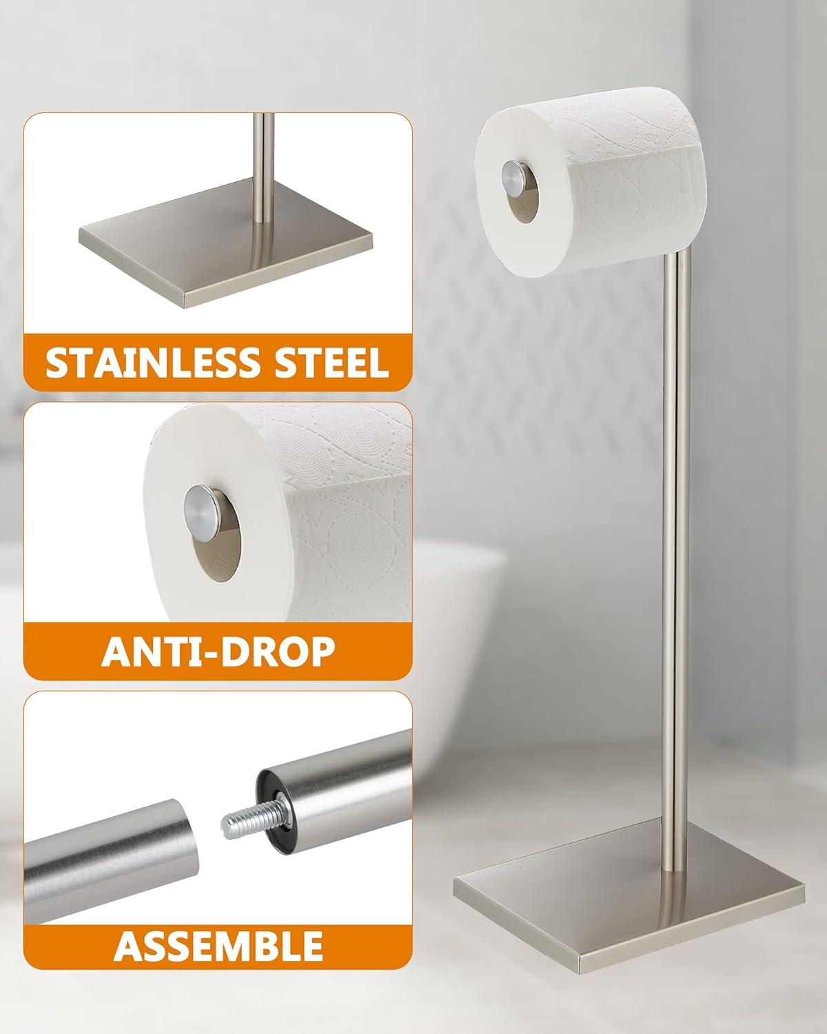 Toilet Paper Holder Stand, Free Standing Toilet Paper Roll Holder with Reserve for Bathroom, Stainless Steel DECLUTTR Nickel