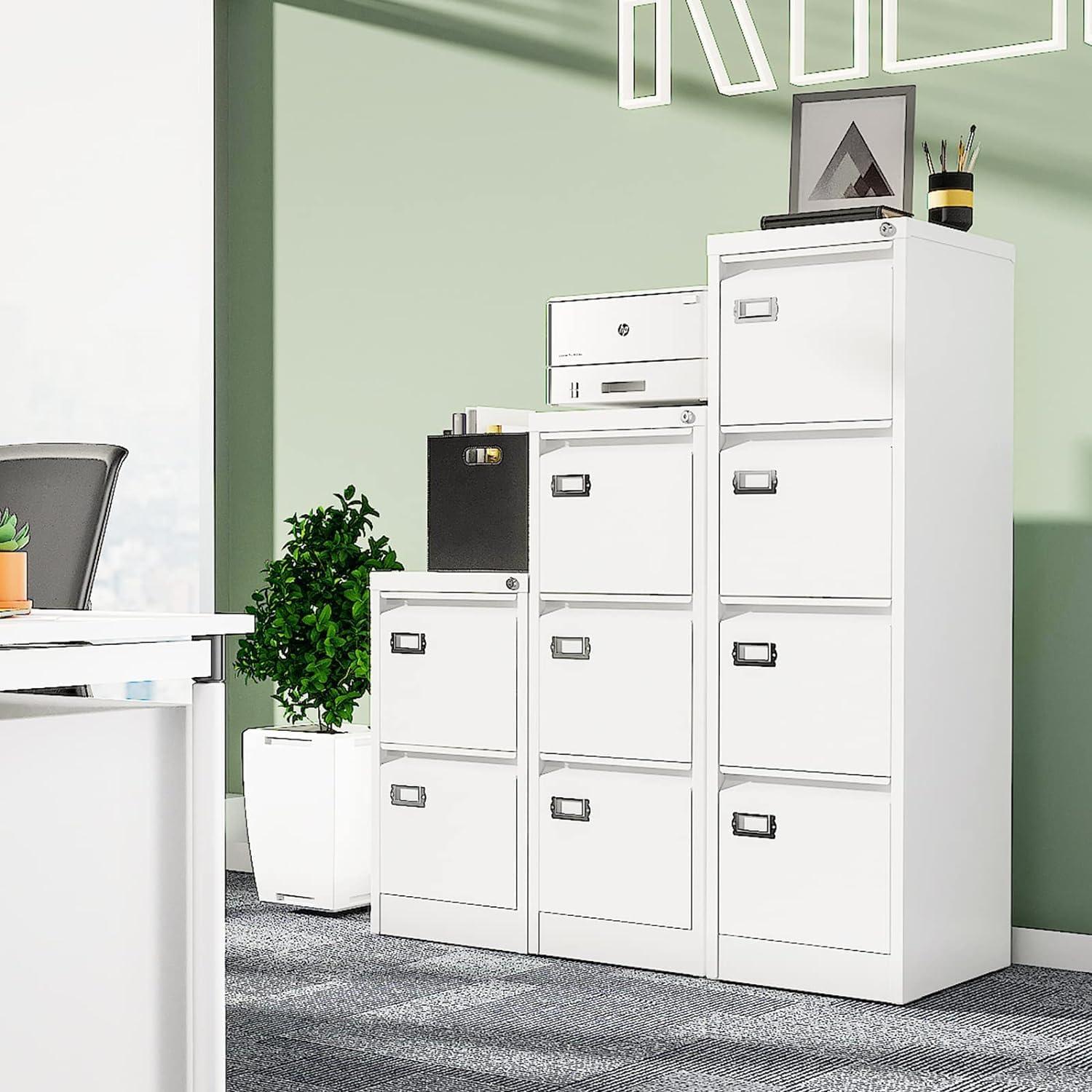 3 Drawers Vertical File Cabinets - 17.8" Deep Lockable Filing Cabinet - White Metal Storage Cabinets for Home Office to Hanging Files Letter/Legal/F4/A4 Size