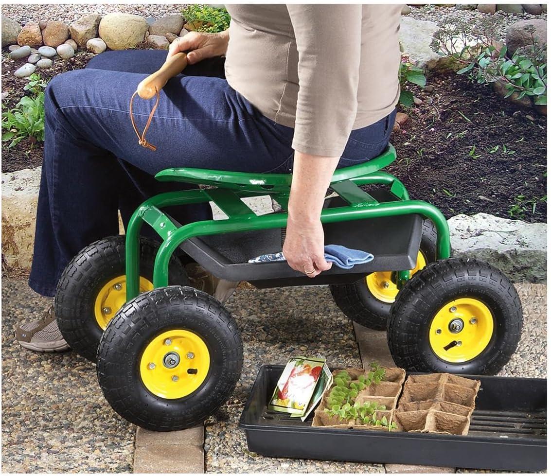 Green Steel Rolling Garden Seat with Built-in Tray