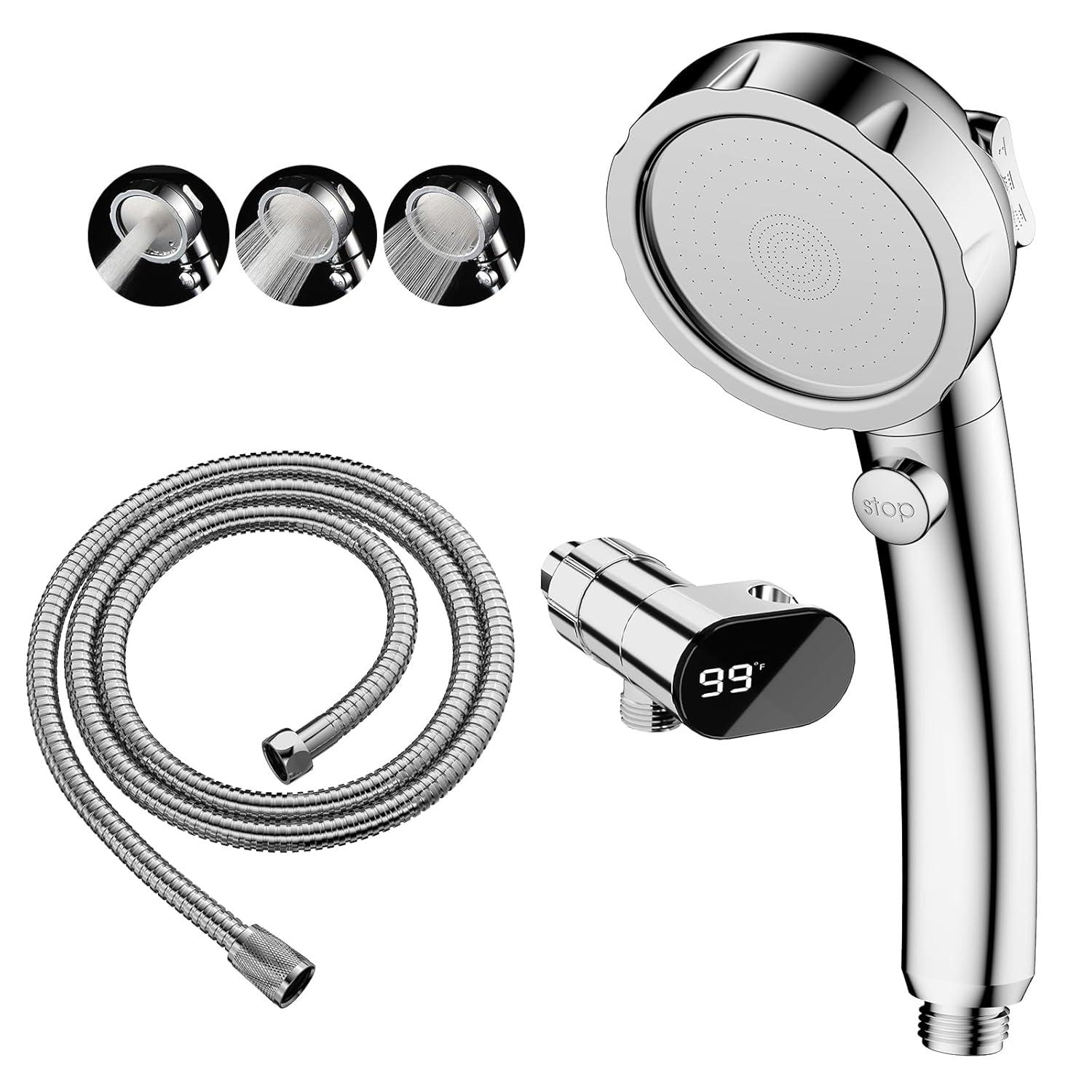 KAIYING Drill-Free High Pressure Handheld Shower Head with ONOFF Pause Switch 3 Spray Modes Water Saving Showerhead Detachable Puppy Shower Accessories (MShower Head (Chrome)+Bracket + Hose)