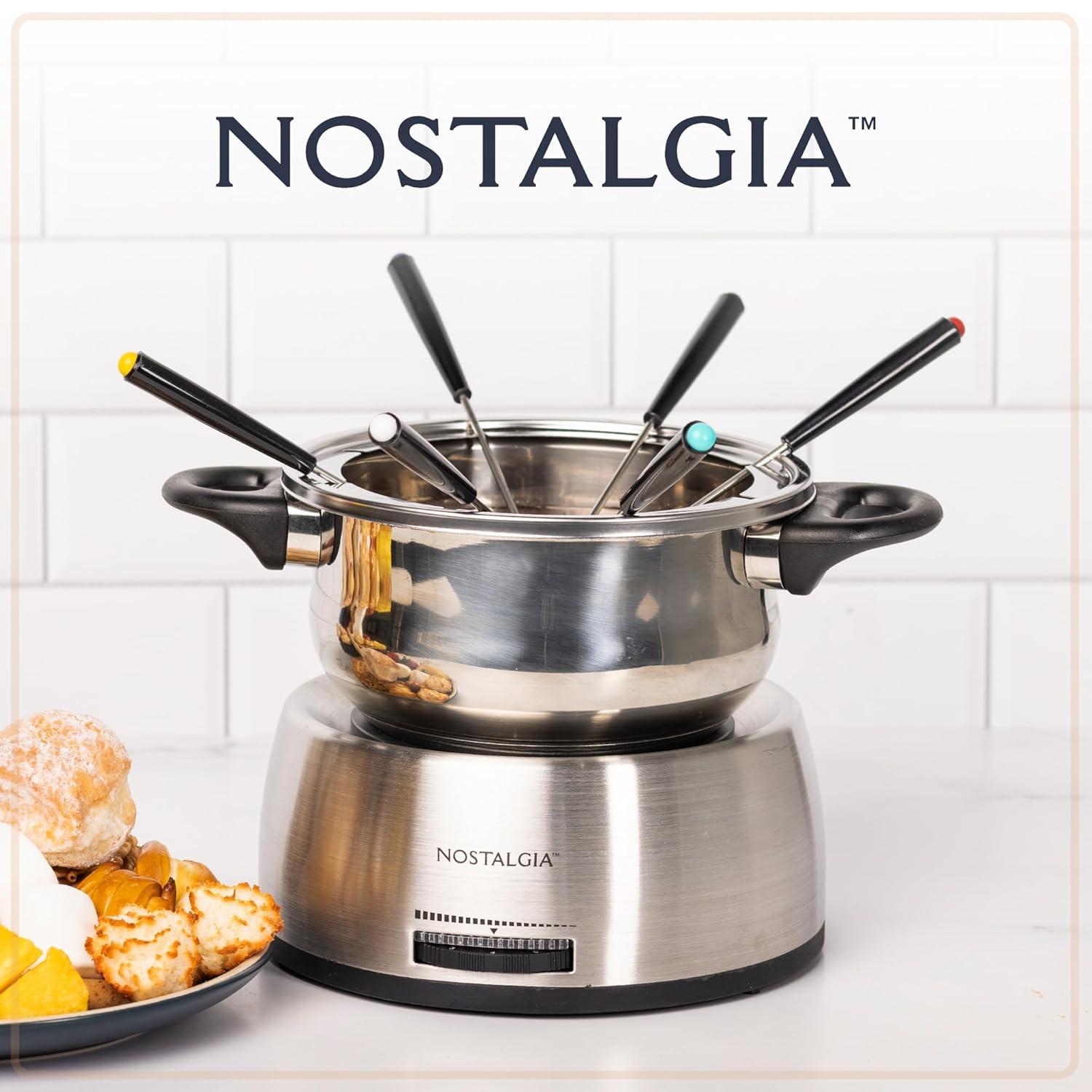 Nostalgia Nostalgia 6-Cup Stainless Steel Electric Fondue Pot with Temperature Control, 6 Color-Coded Forks and Removable Pot - Perfect for Chocolate, Caramel, Cheese, Sauces and More