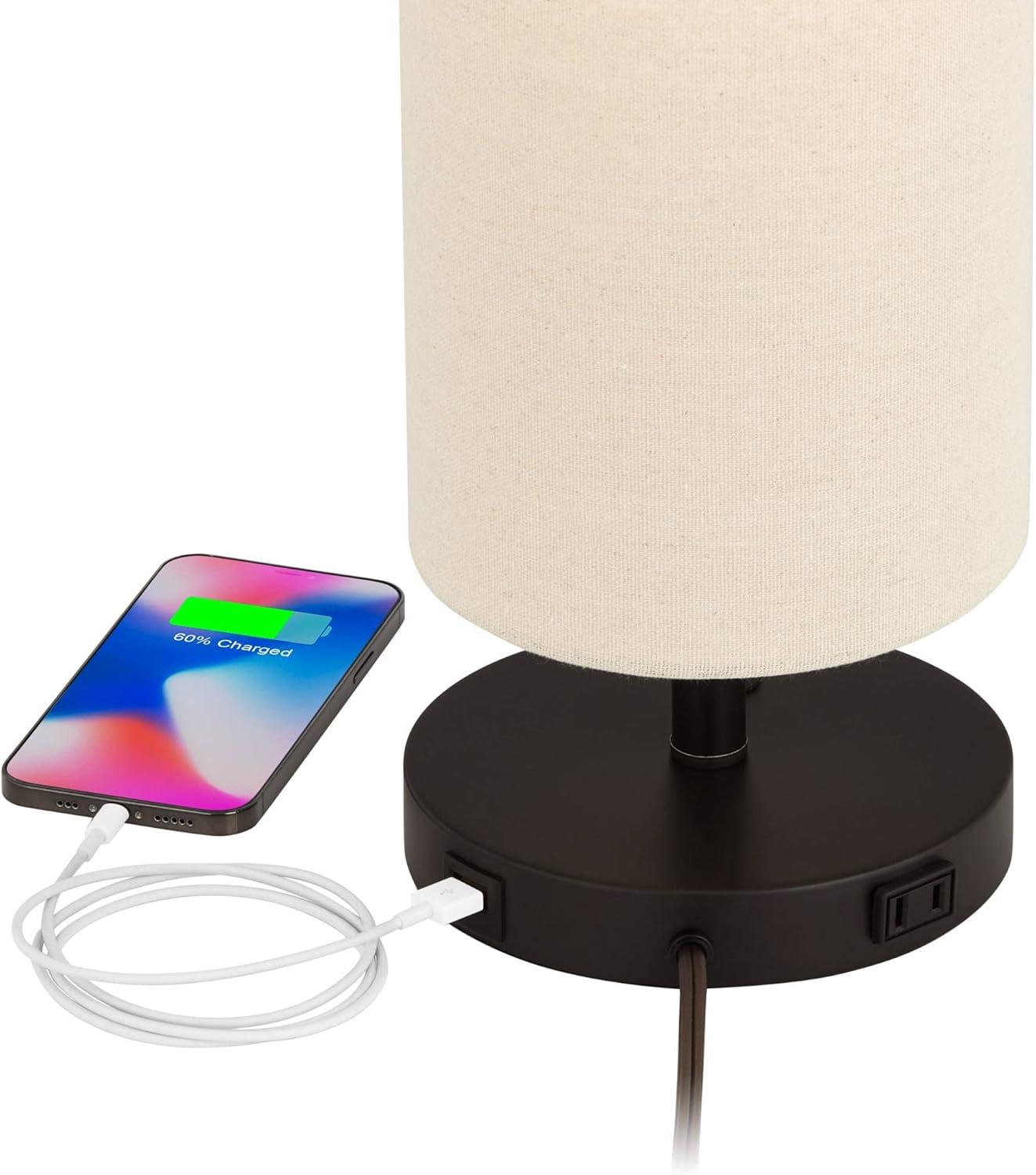 Heyburn Dark Bronze Table Lamp with USB and Oatmeal Shade