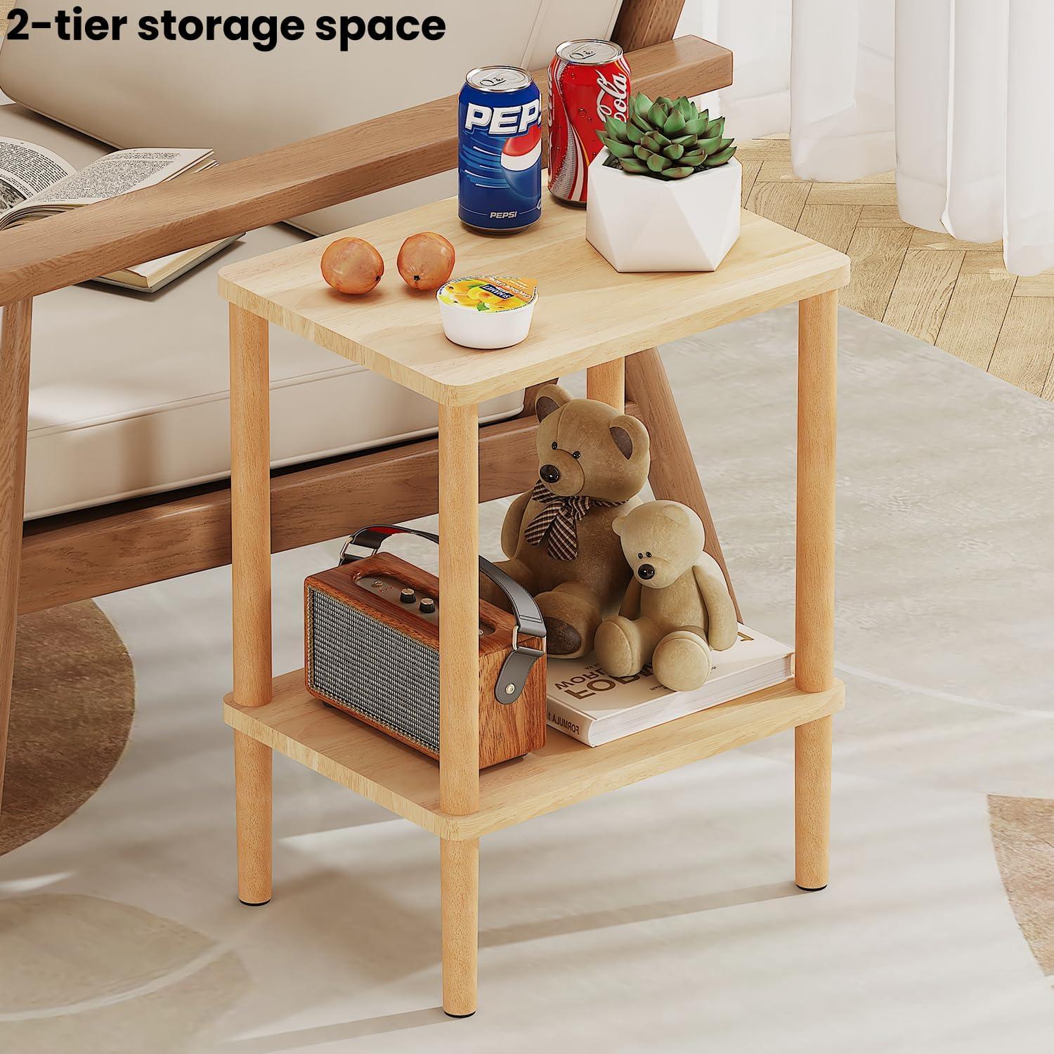 LUCKNOCK Solid Wood Side Table, 2-Tier Small End Table with Storage Shelf, Narrow Nightstand Bedside Table for Small Spaces, Bedroom, Living Room, Farmhouse, No-Tool Assembly.